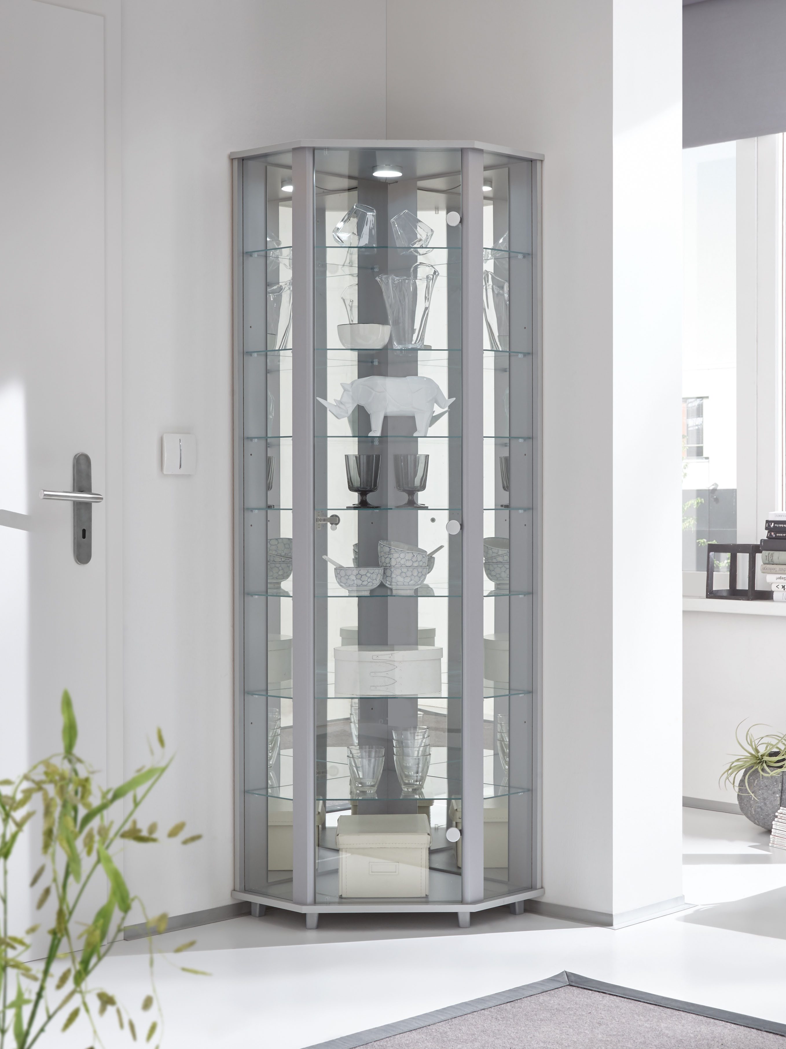 fif möbel Hoekvitrinekast TRIO hoogte ca. 172 cm, incl. verlichting Hoekvitrine/Glasvitrine 1x Glazen deur, perfect voor verzamelaars, verzamelvitrine