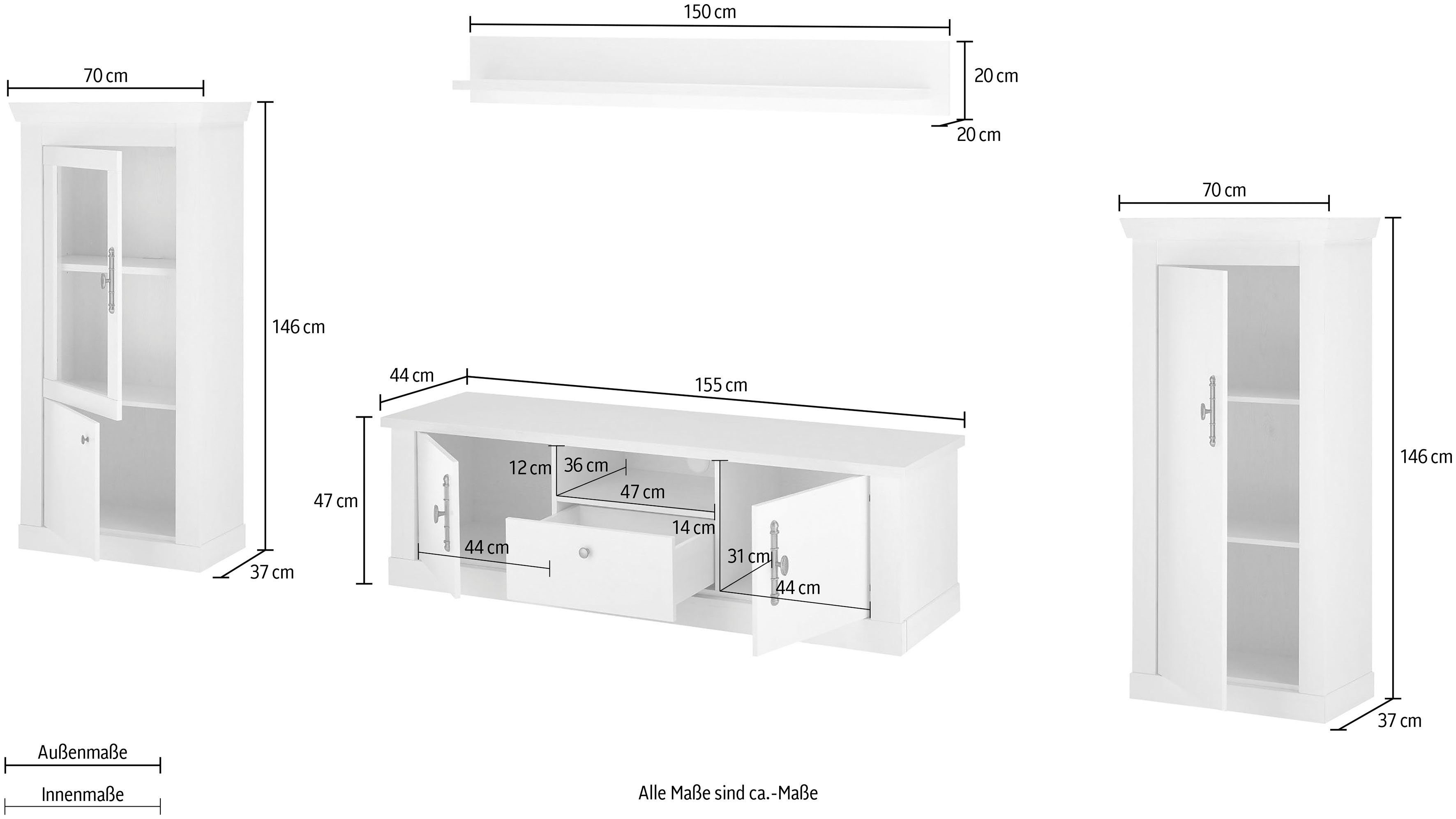 Home affaire Wandmeubel Ravenna in romantische landelijke stijl, grepen van metaal, soft-closefunctie (4-delig)