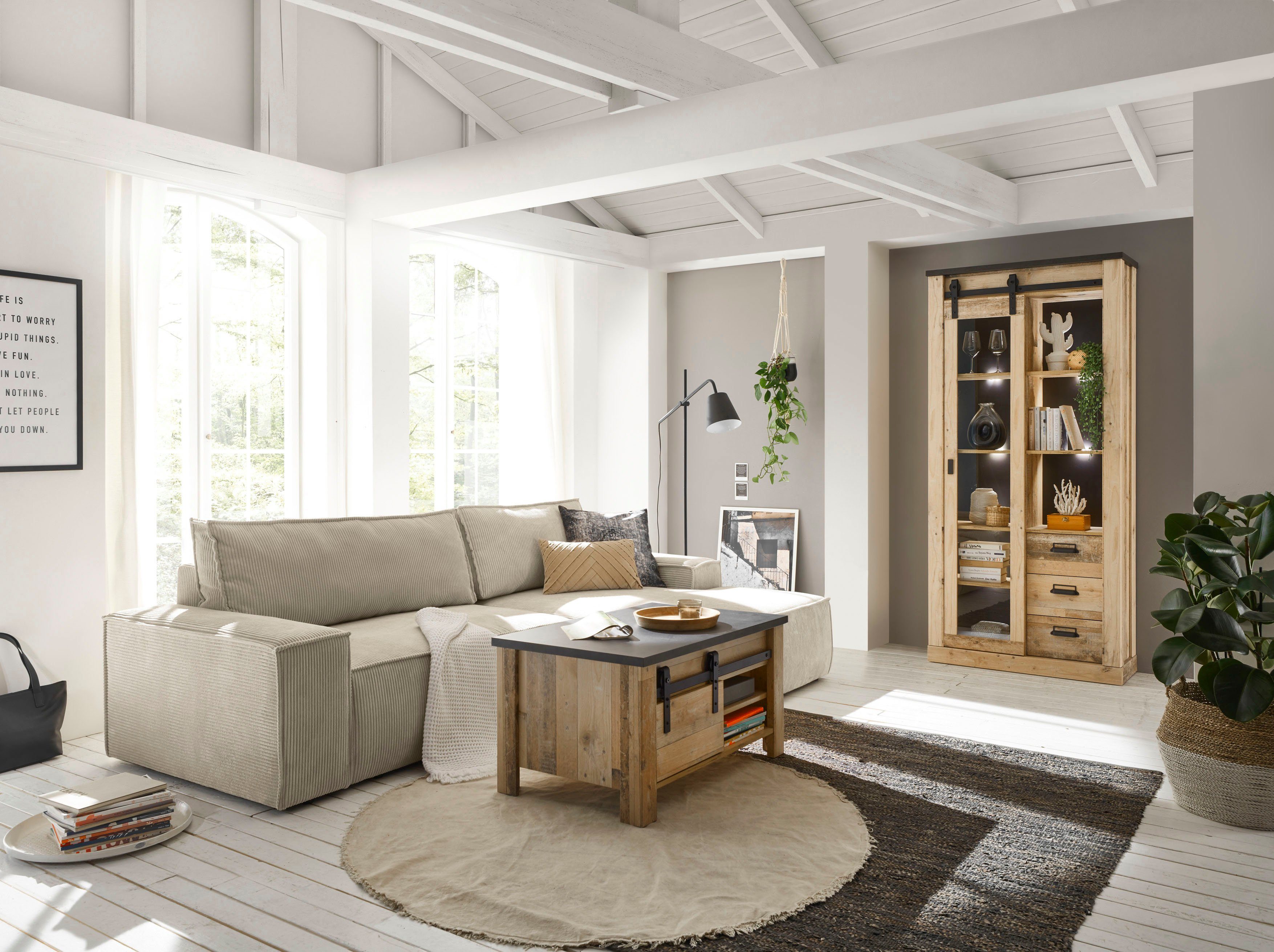 Home affaire Hoekbank SHERWOOD bedbank 267 cm, L-model, Slaapfunctie met bedlade (210x136 cm), cord, vintage, fluweel