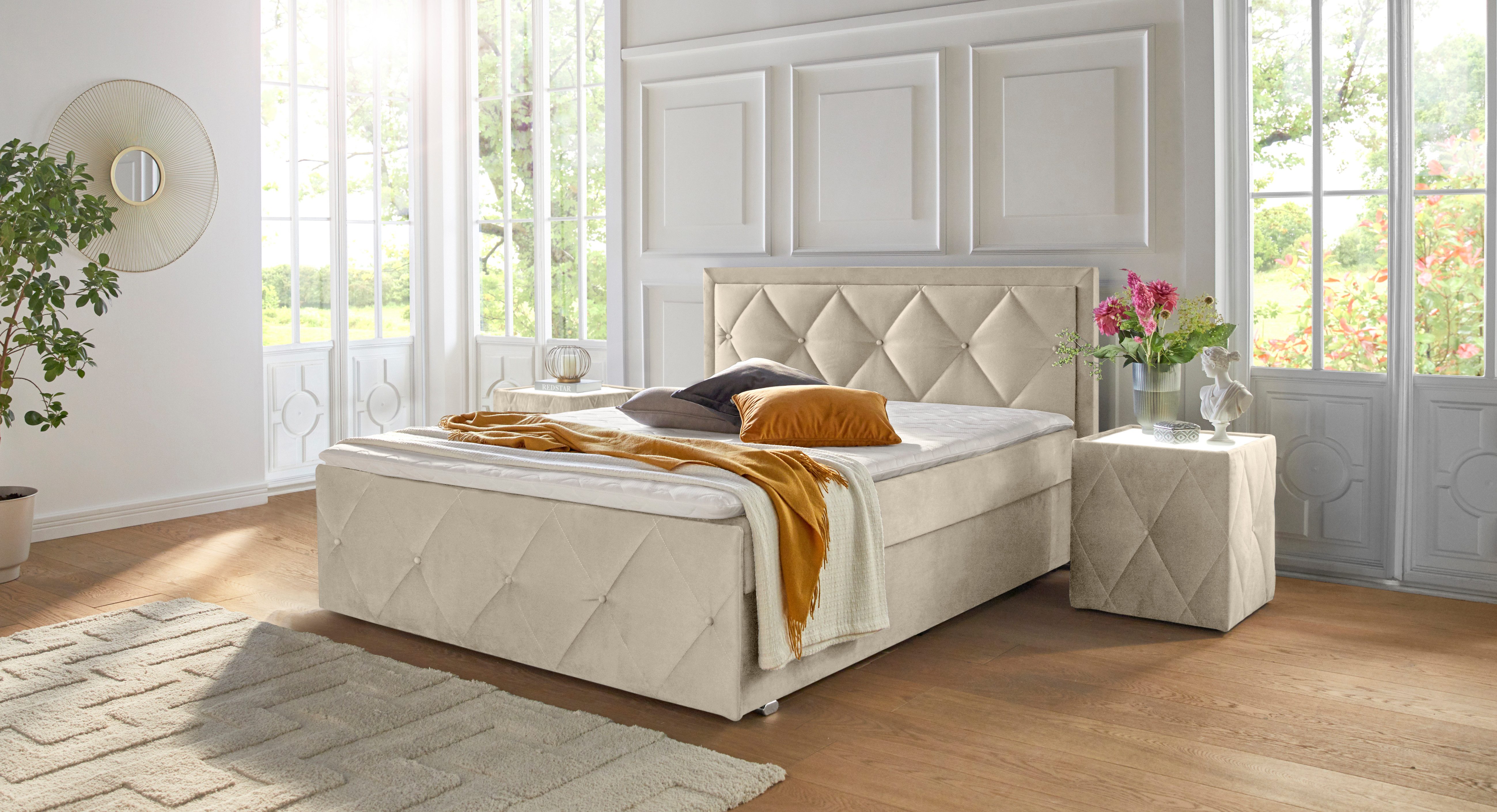 Leonique Boxspring Alfie, bestseller! Inclusief bedlade & topper Optioneel met knoopstiksels of strassstenen, H2, H3 en H4 verkrijgbaar