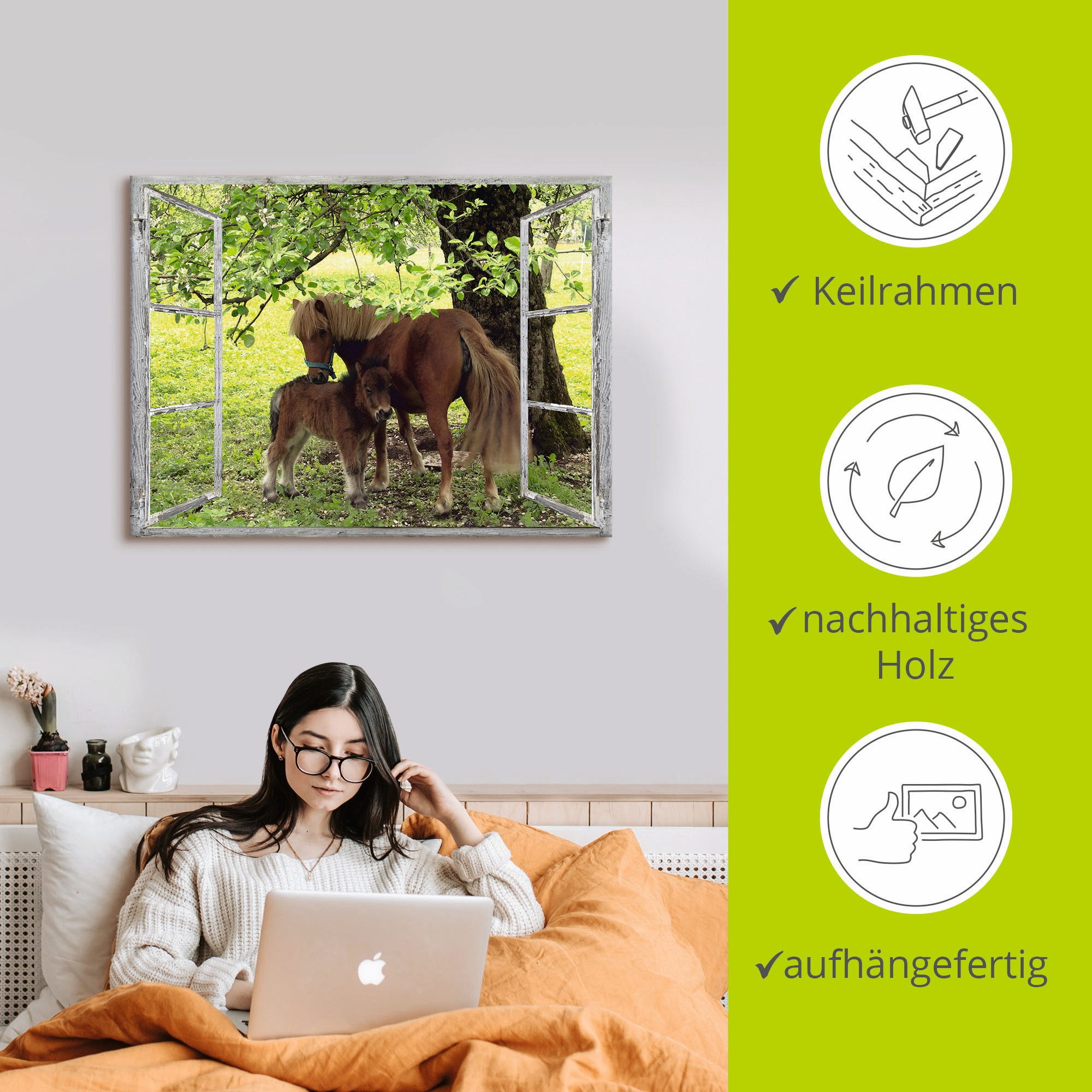 Artland Artprint Blik uit het venster - pony met kind als artprint op linnen, poster, muursticker in verschillende maten