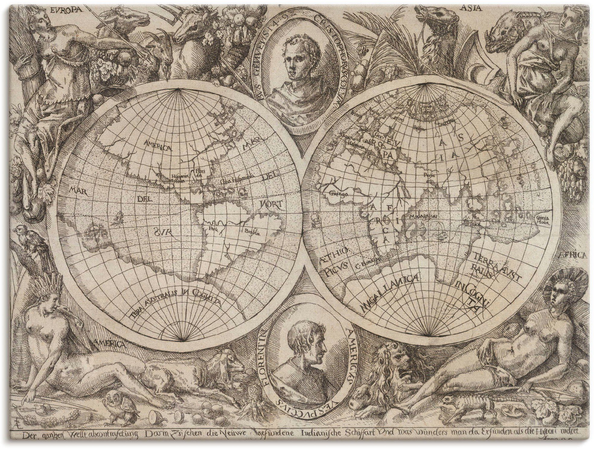 Artland Artprint Kaart van de hemisferen van de aarde. 1597 in vele afmetingen & productsoorten -artprint op linnen, poster, muursticker / wandfolie ook geschikt voor de badkamer (