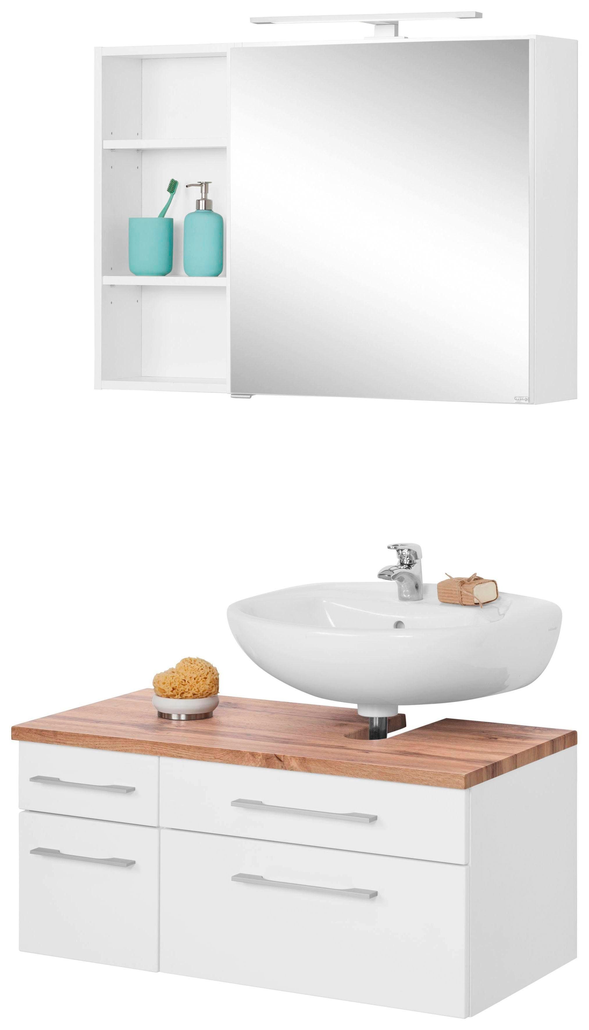 held moebel badkamerserie davos spiegelkast, rek en wastafelonderkast (3-delig) wit