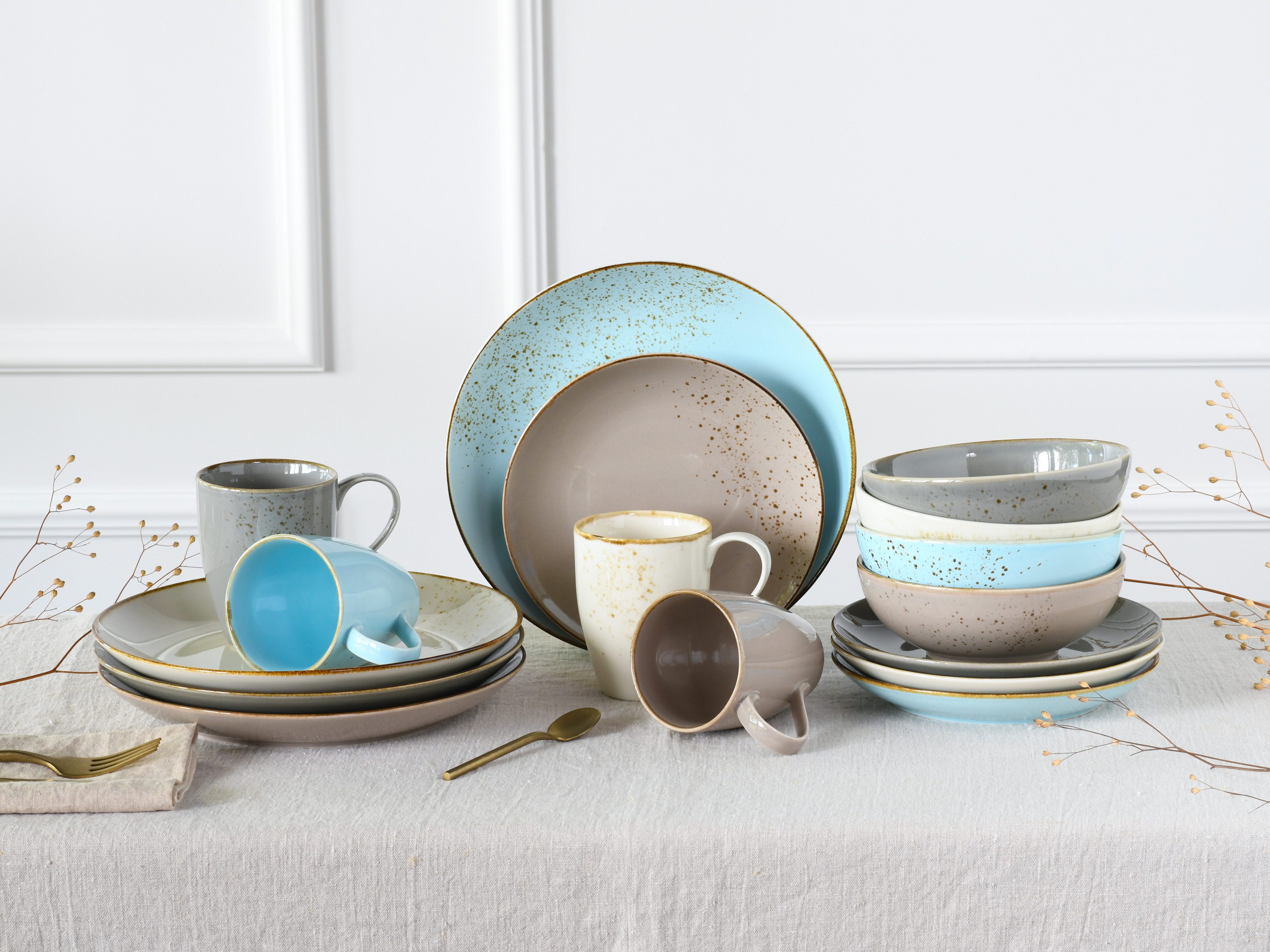 CreaTable Combi-servies Servies-set NATURE COLLECTION Scandic Servies, ecru en gespikkeld, 16 delen, voor 4 personen (set, 16-delig)