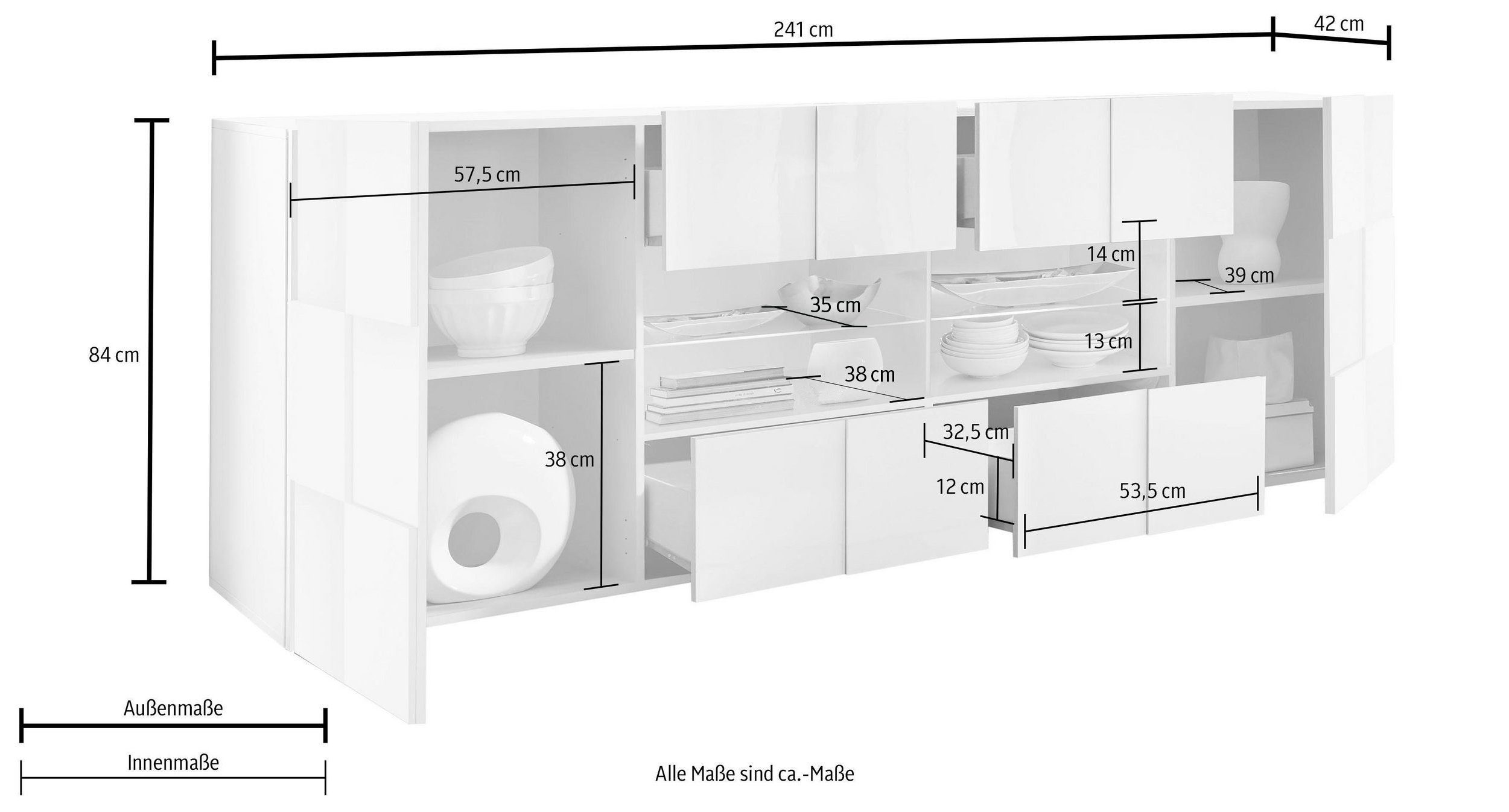 INOSIGN Dressoir Dama Breedte 241, Commode 2 deuren en 4 lades, Dressoir Front in 3D-uiterlijk, veel opbergruimte, verschillende kleuren