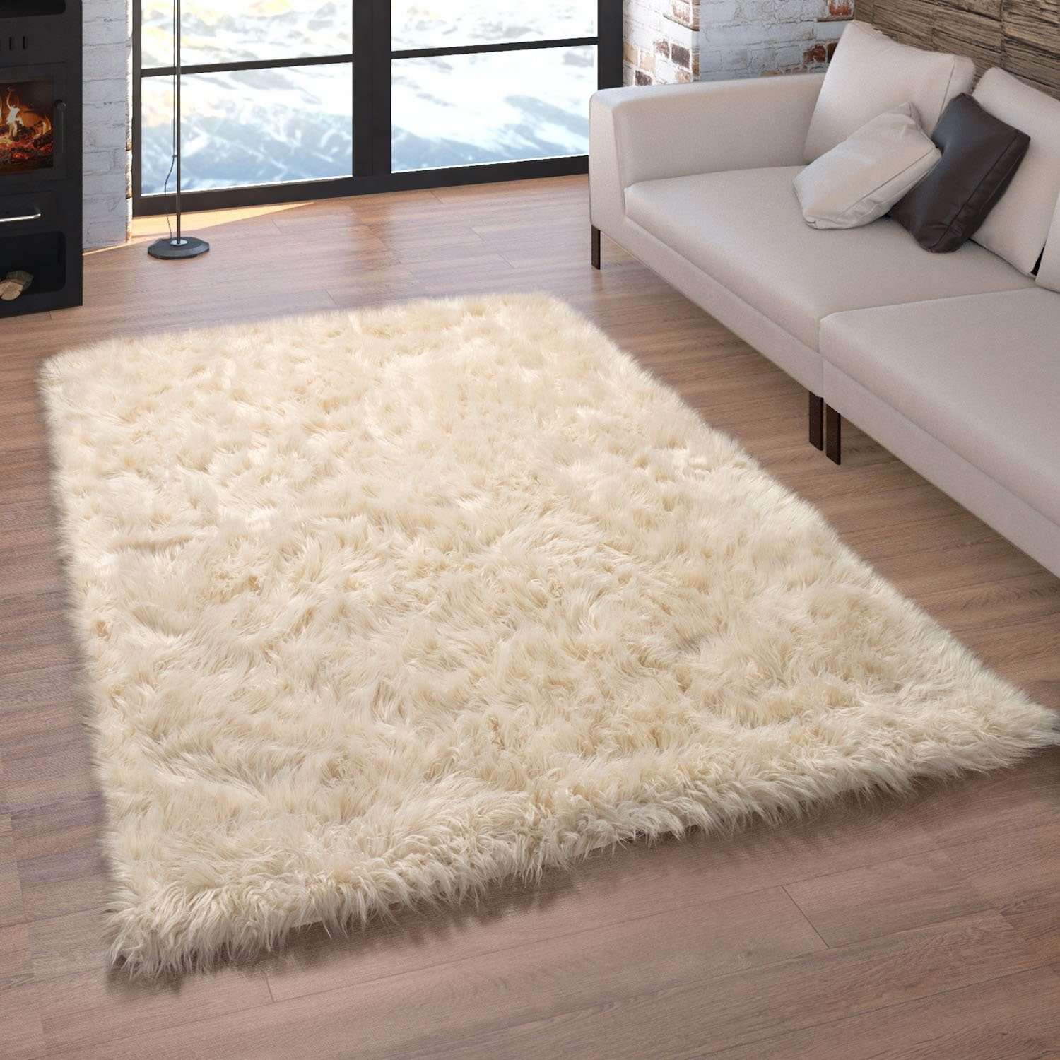 Paco Home Vachtvloerkleed Playa 960 Imitatiebont, flokati-look, hoge pool, heerlijk zacht, unikleuren dieren vloerkleden maat 120 cm x 170 cm x 64 mm