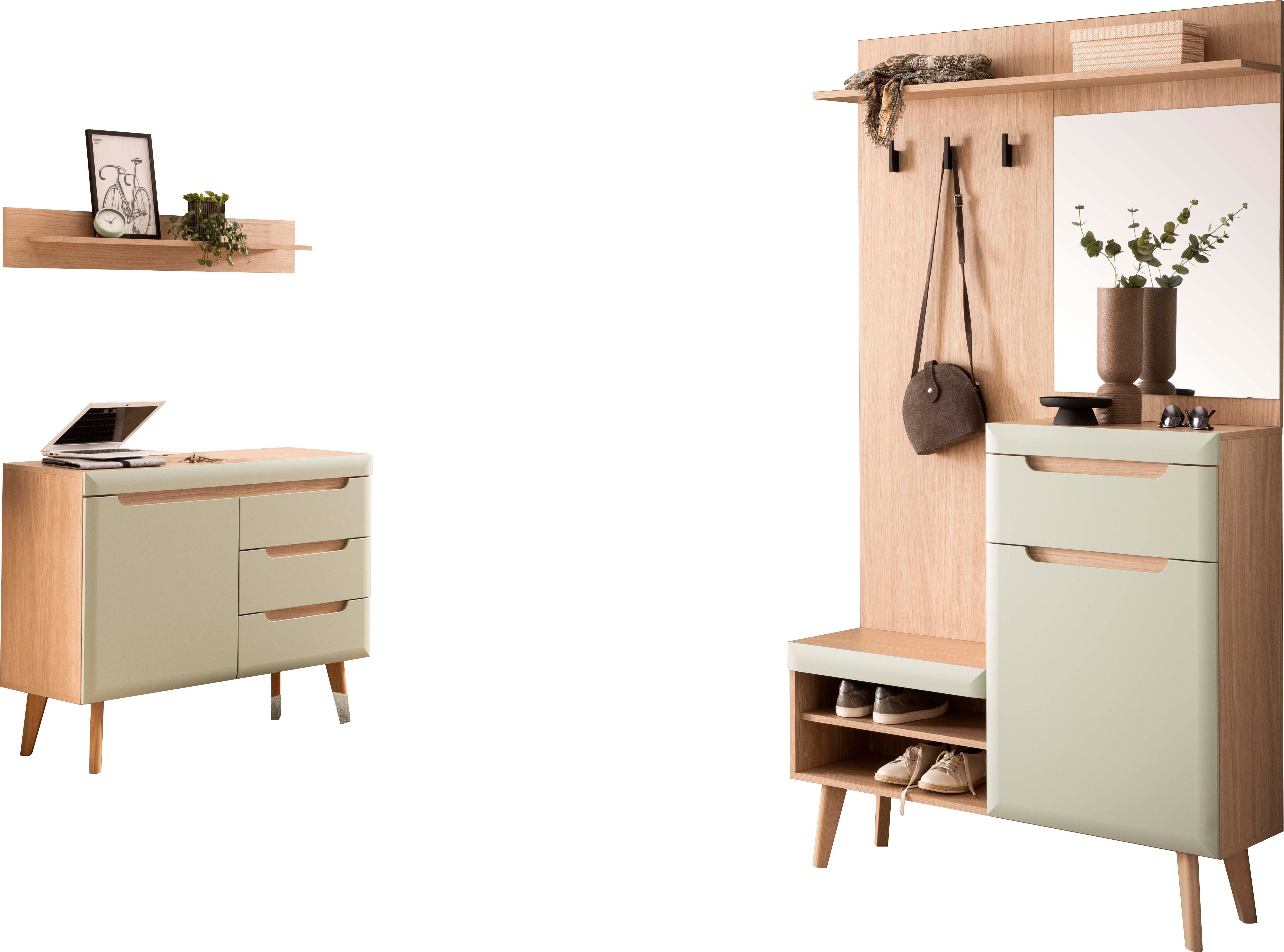 Home affaire Halmeubelset Torge, kapstok met opbergruimte, garderobekast in Scandic design bevat sideboard, garderobe met spiegel en wandplank, in twee kleuren (set, 3-delig)