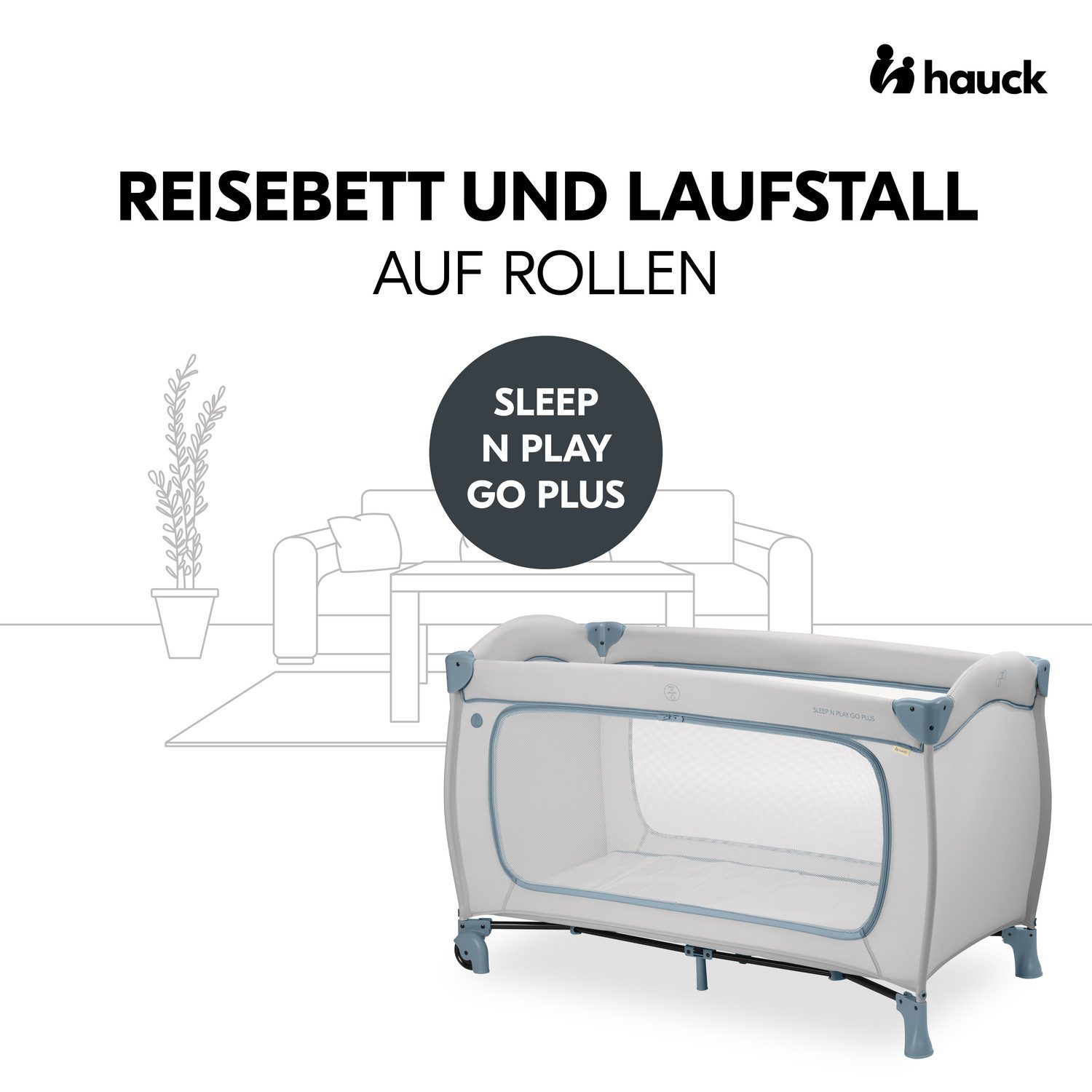 Hauck Baby-campingbed Sleep N Play Go Plus, Dusty Blue met geïntegreerde wielen, voorinstap
