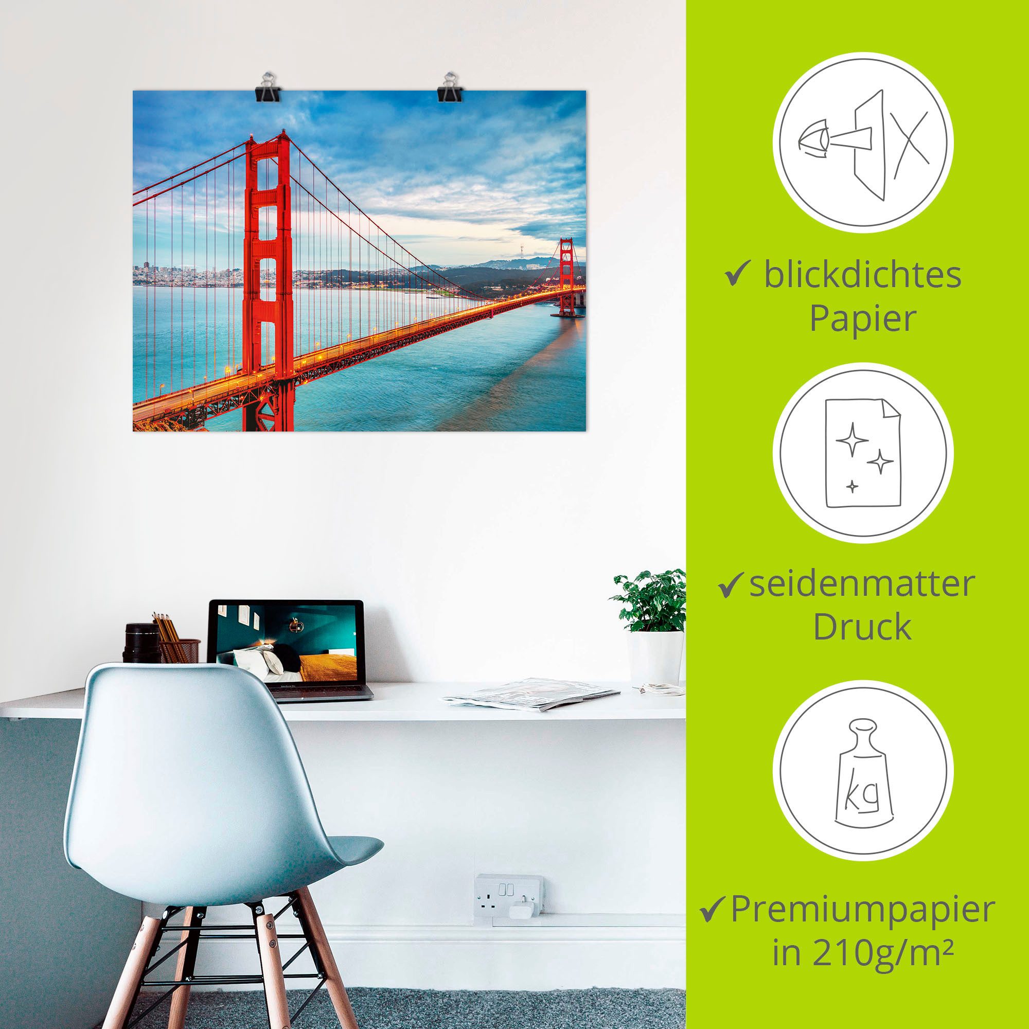 Artland Artprint Golden Gate Bridge als artprint van aluminium, artprint voor buiten, artprint op linnen, poster, muursticker