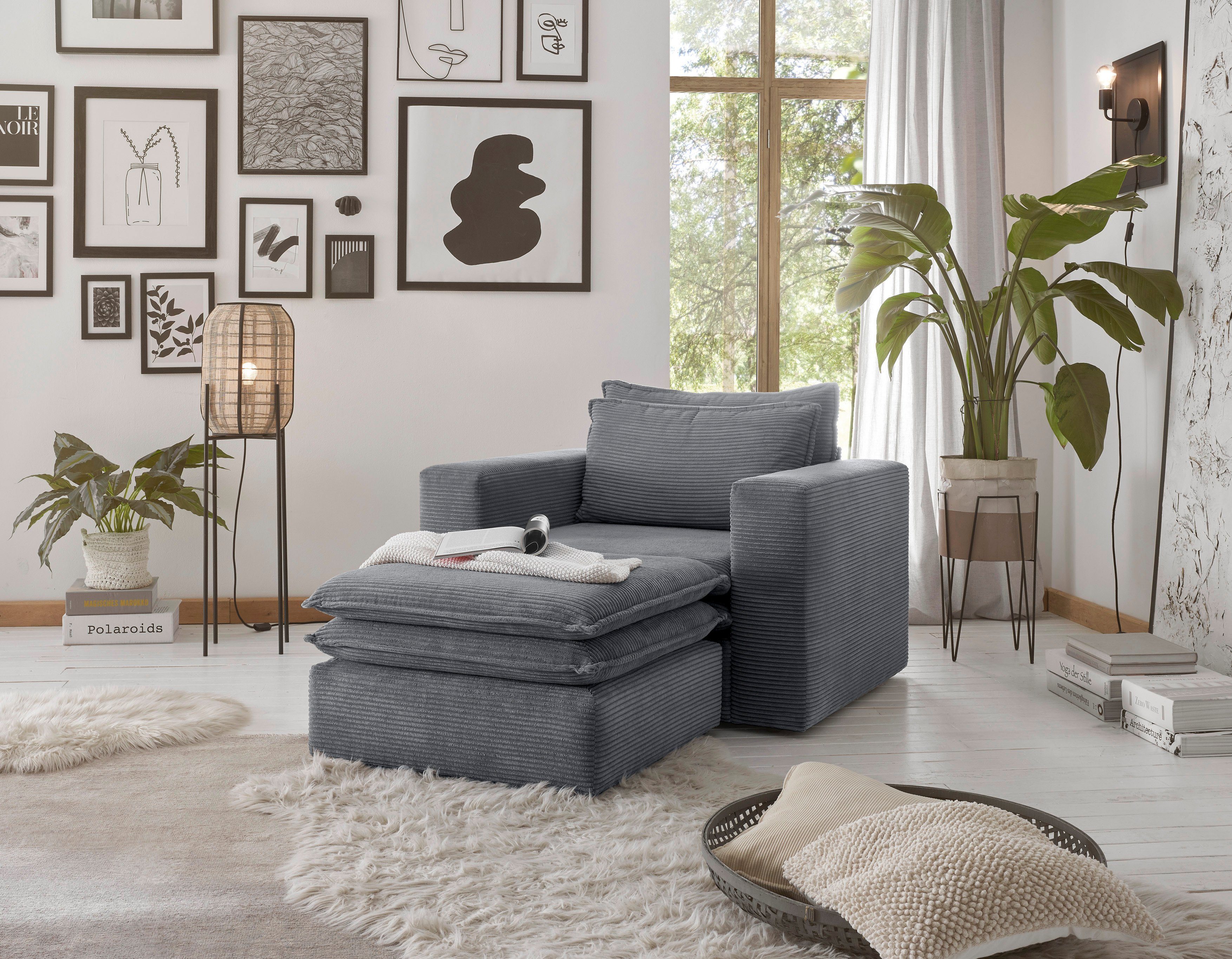 Places of Style Zithoek PIAGGE Hoogwaardige cord, fauteuil en hocker klein als set (2-delig)