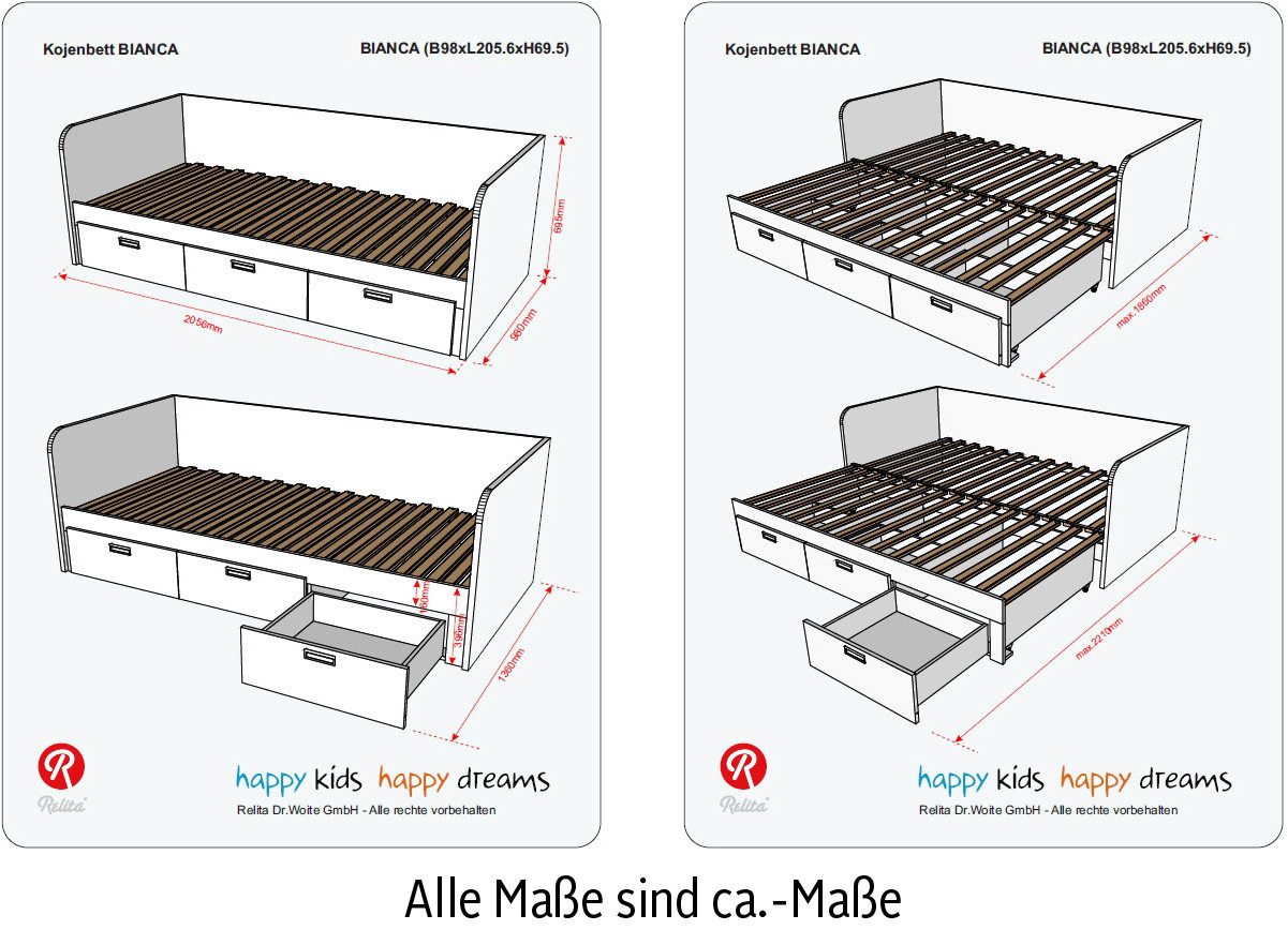 Relita 1-persoonsledikant uitrekbaar tot 180x200 cm, 3 lades, met lattenbodem, 2 kleuren