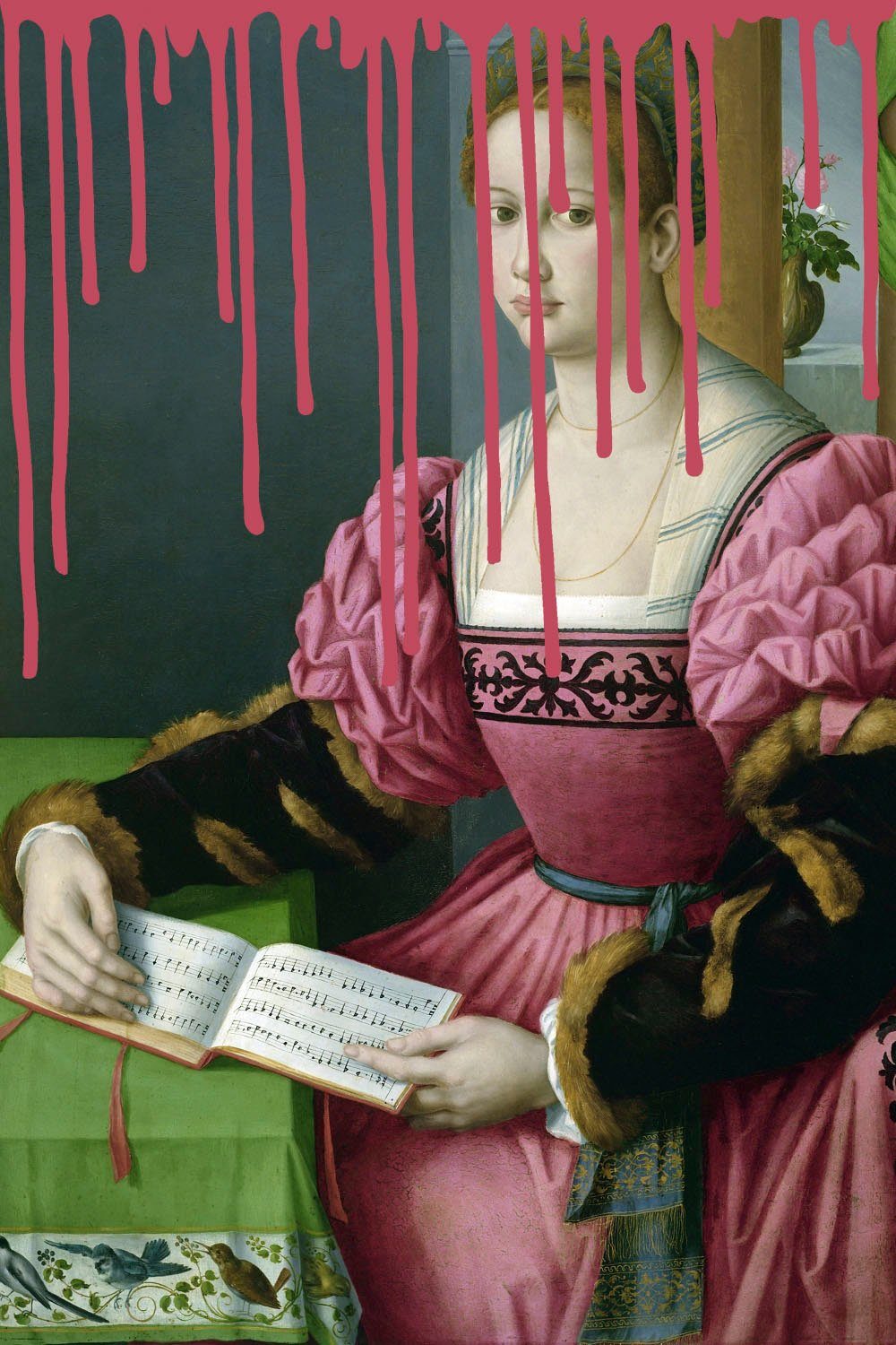 queence Artprint op acrylglas Vrouw met boek met kleurvlek Fine Art-print in galeriekwaliteit foto schilderijen roze