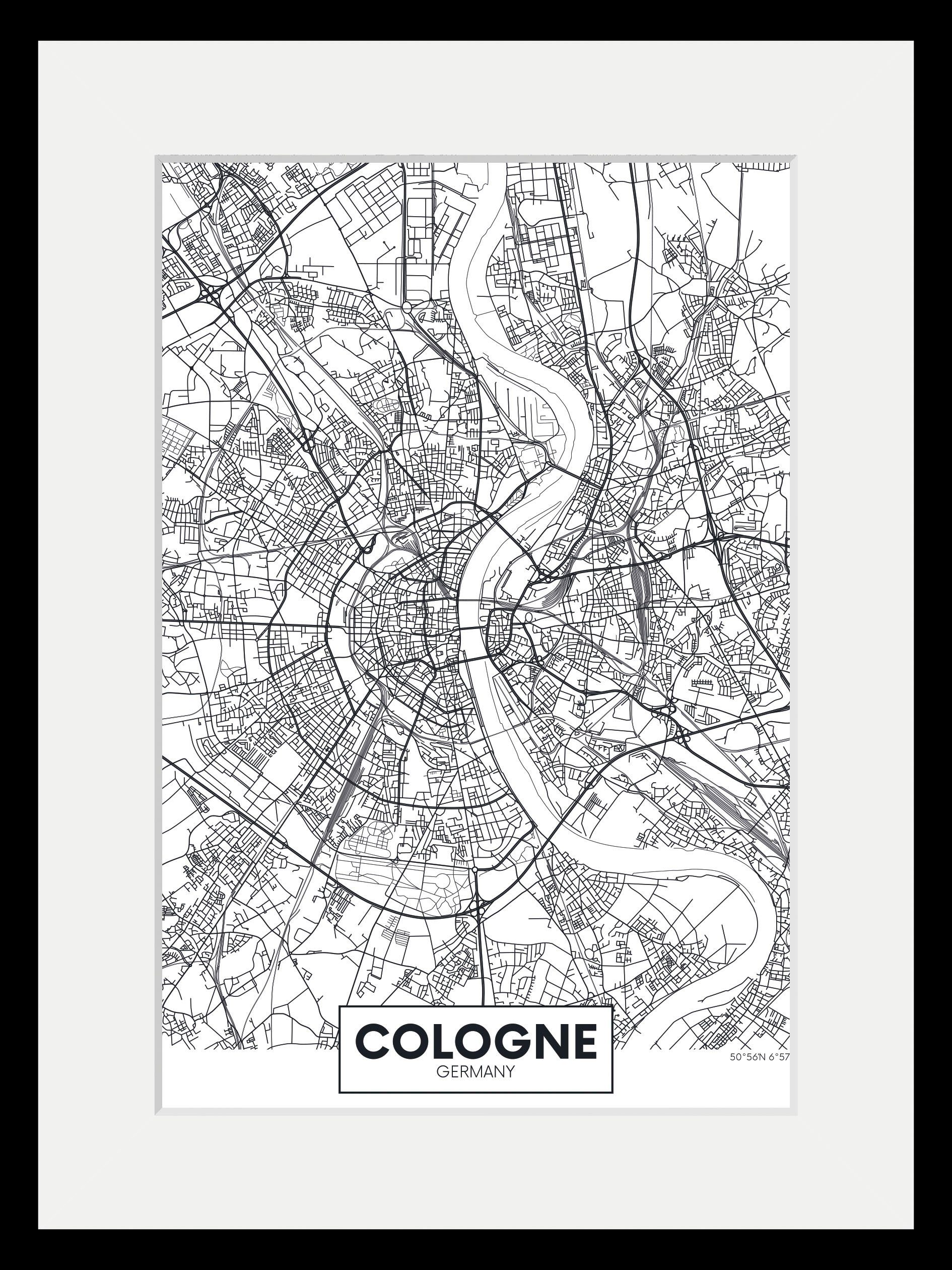 queence Wanddecoratie Cologne stadskaart HD premium posterdruk incl. houten lijst (1 stuk)