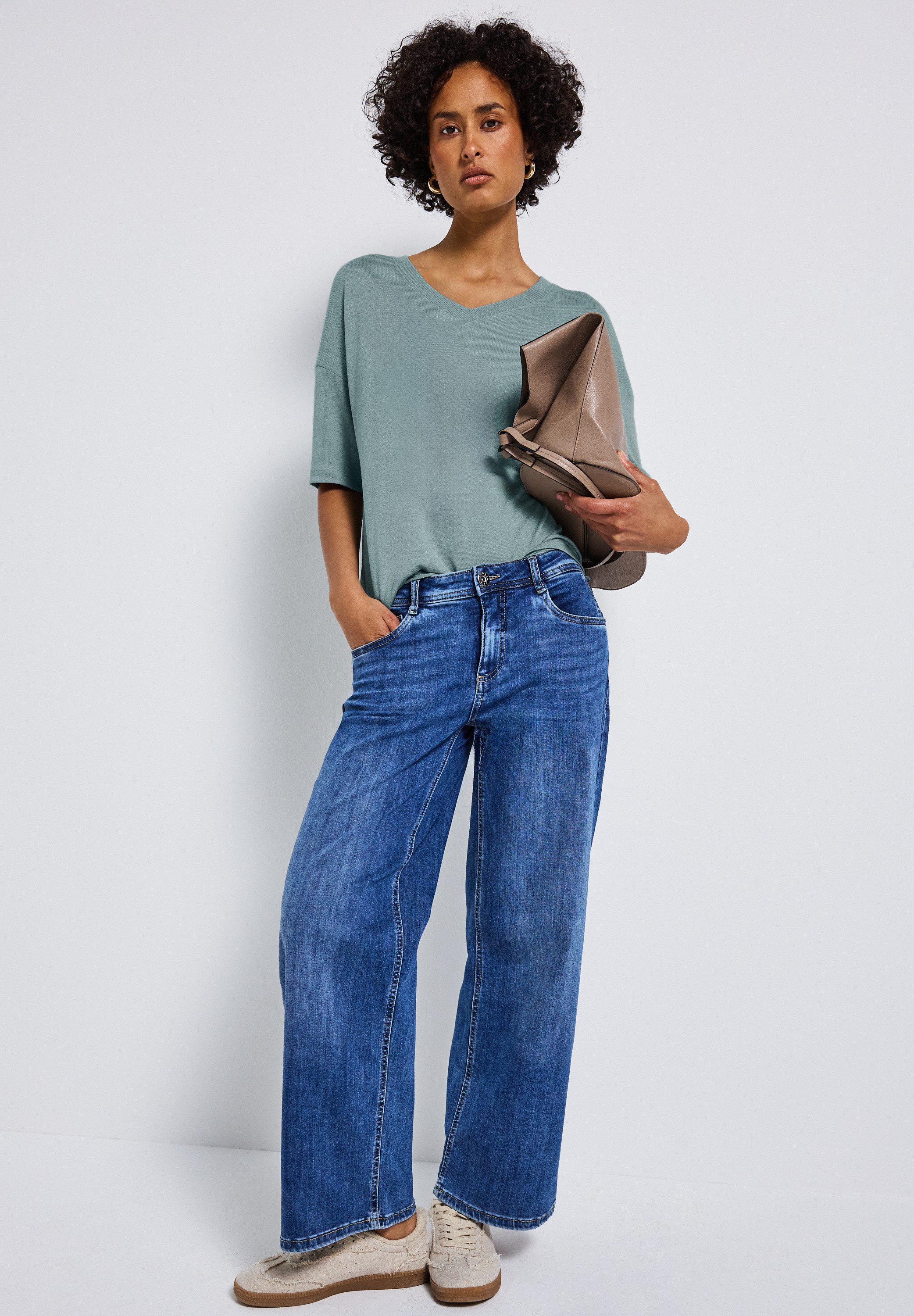 STREET ONE T-shirt met v-hals en in tricot-look