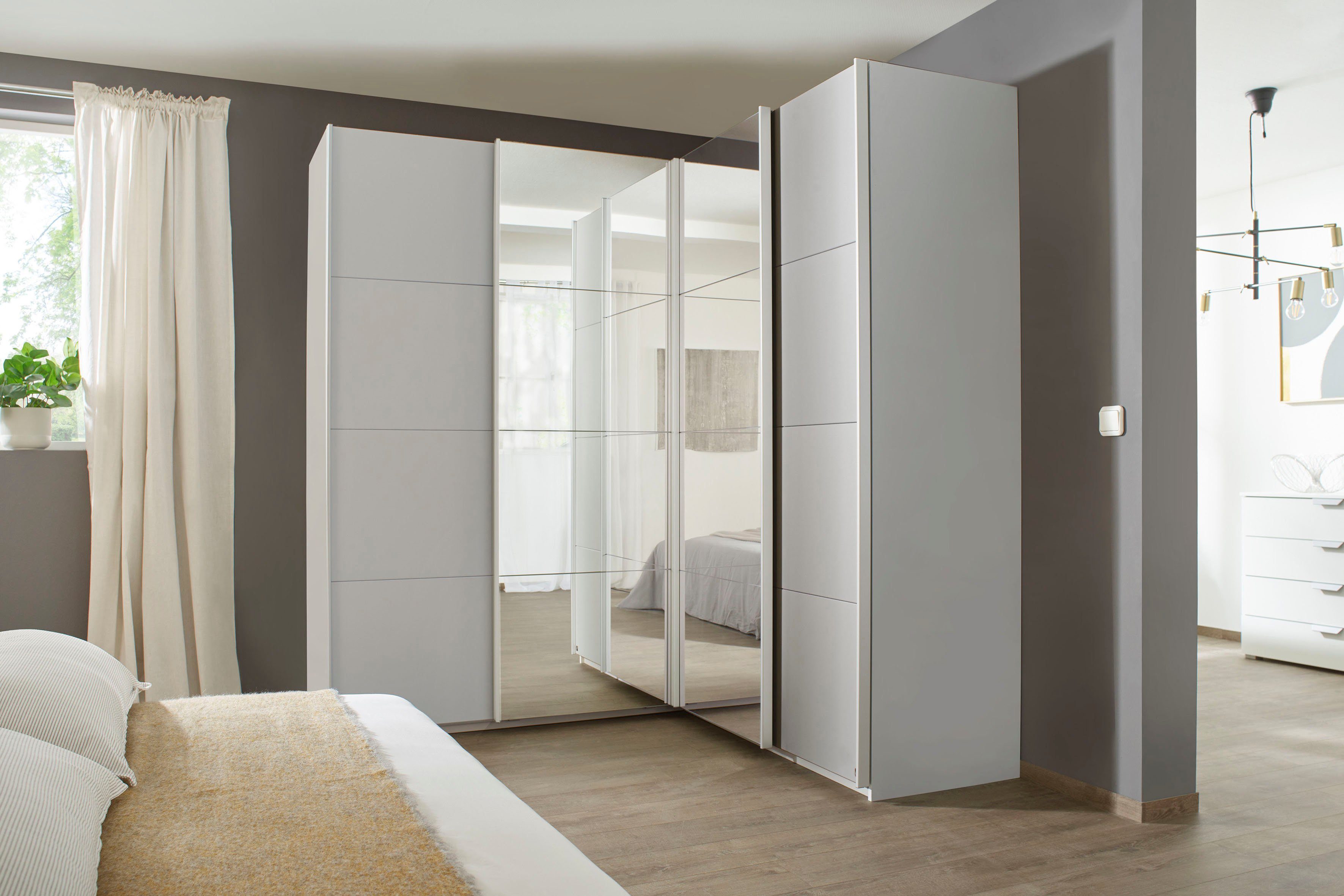 rauch Zweefdeurkast Quadra Hoekkast inclusief deurdemper en lade-inzet, met spiegeldeuren zweefdeurkasten maat 181 cm x 210 cm x 187 cm grijs