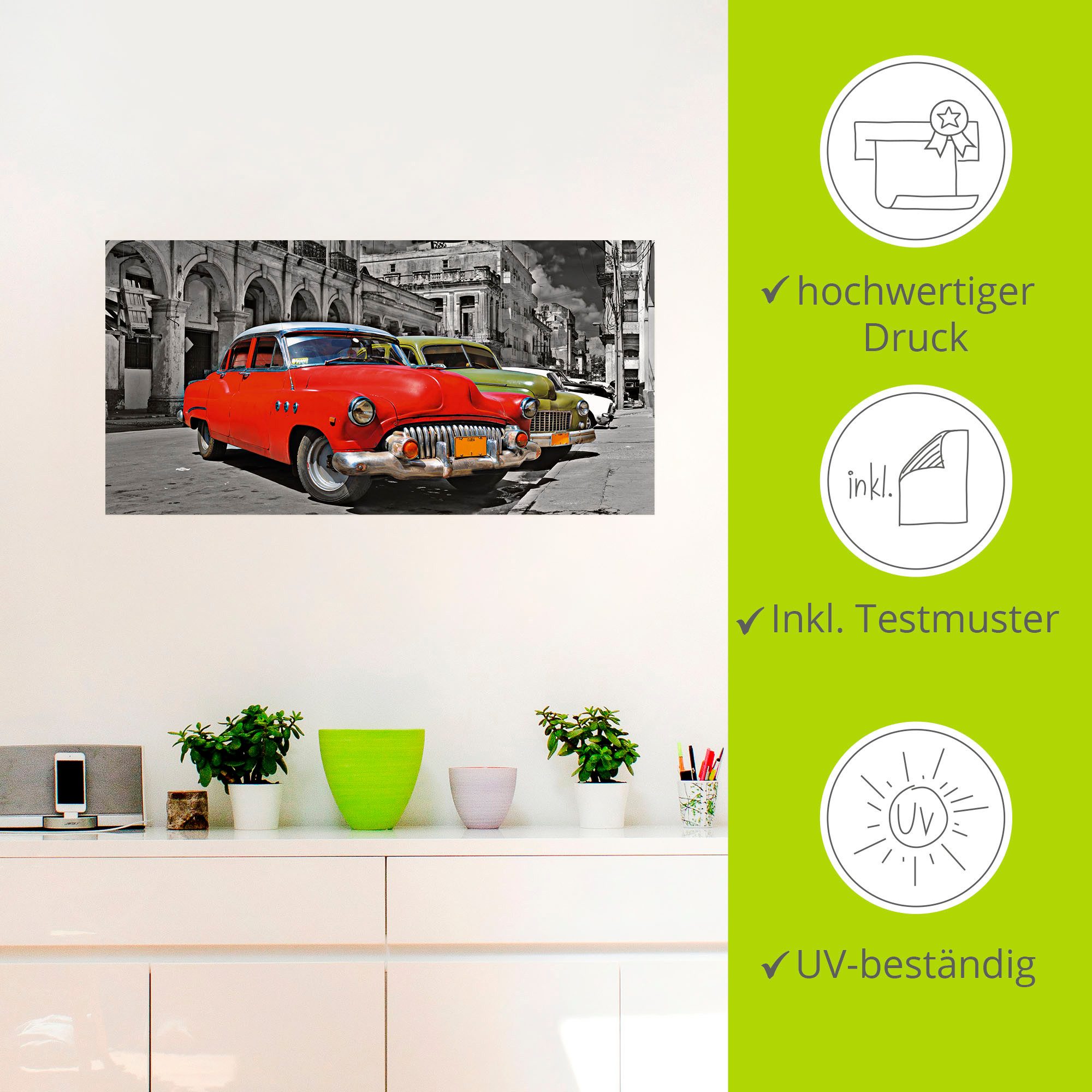 Artland Artprint Aanzicht van kleurrijke havanna auto’s als artprint van aluminium, artprint op linnen, muursticker, verschillende maten