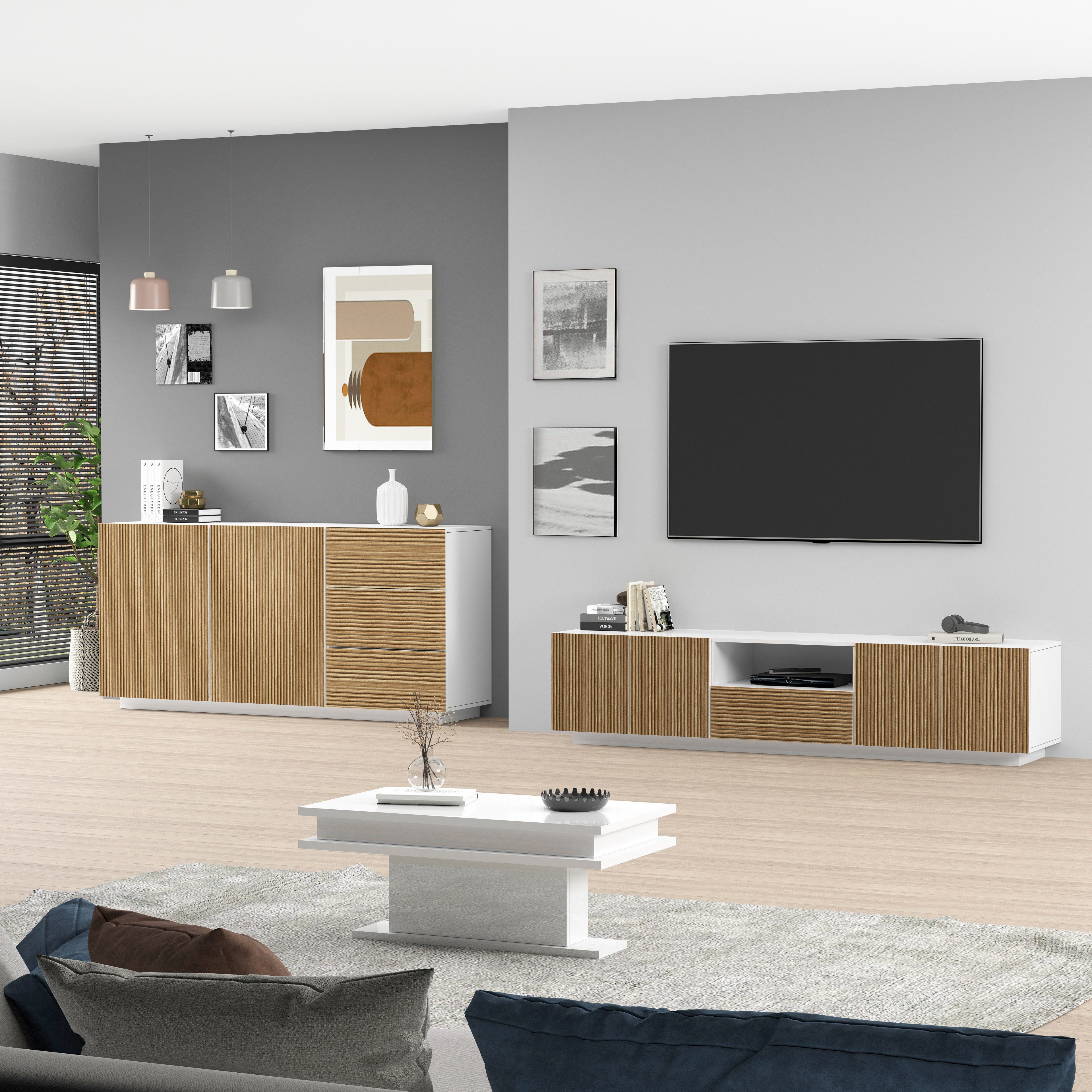 INOSIGN Tv-meubel Vega, Lowboard, TV-meubel, TV-kast, 220 cm met 4 deuren en 1 lade, fronten met groeflook