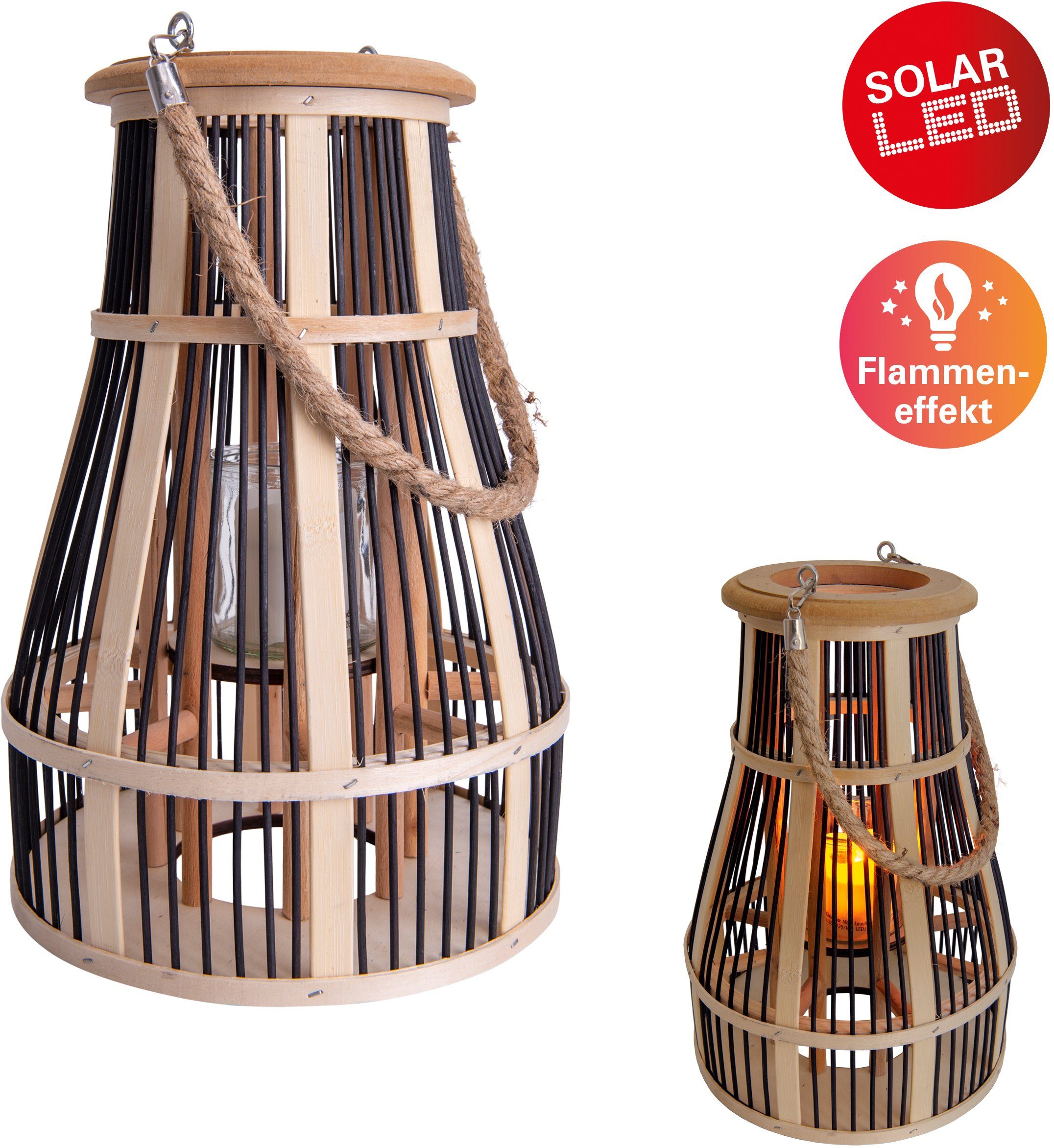 näve Ledsolarlamp Mand Vlammeneffect, glasinzet voor waxinelichtje, materiaal: bamboe/jute/glas (1 stuk) tuinlampen beige
