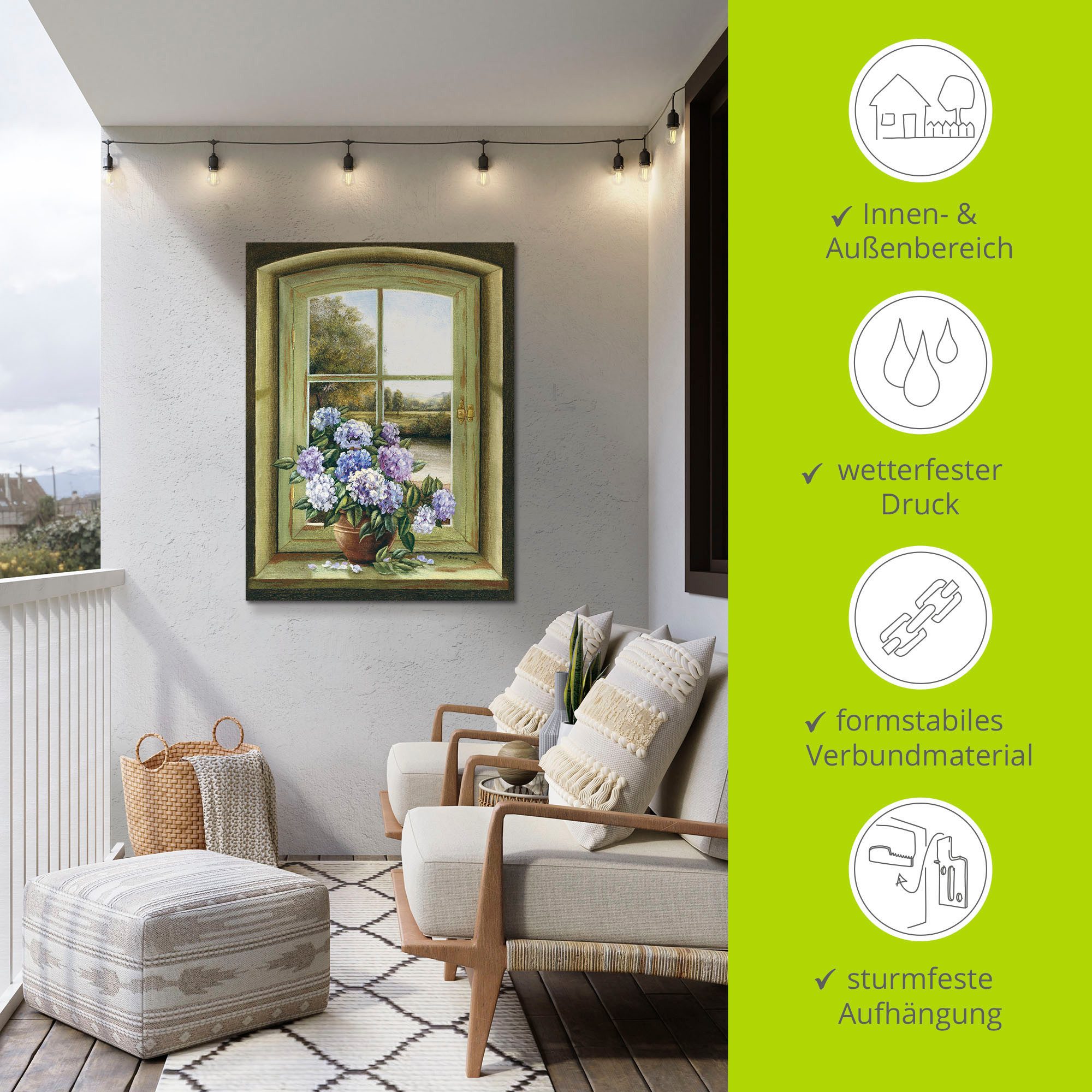 Artland Artprint Hortensia's bij het raam als artprint van aluminium, artprint voor buiten, artprint op linnen, poster, muursticker