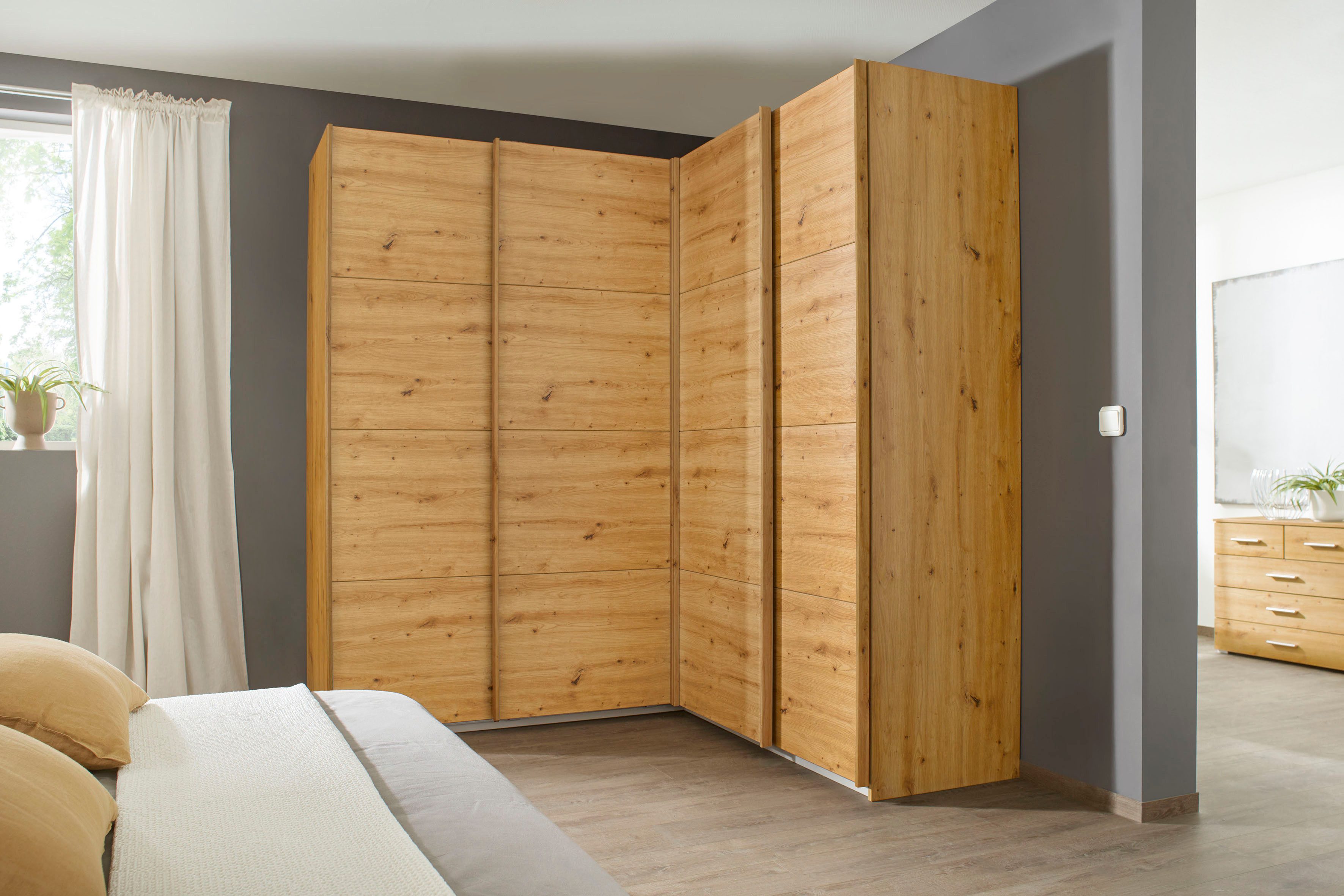 rauch Zweefdeurkast Quadra Hoekkast inclusief deurdemper en lade-inzet zweefdeurkasten maat 181 cm x 229 cm x 187 cm beige