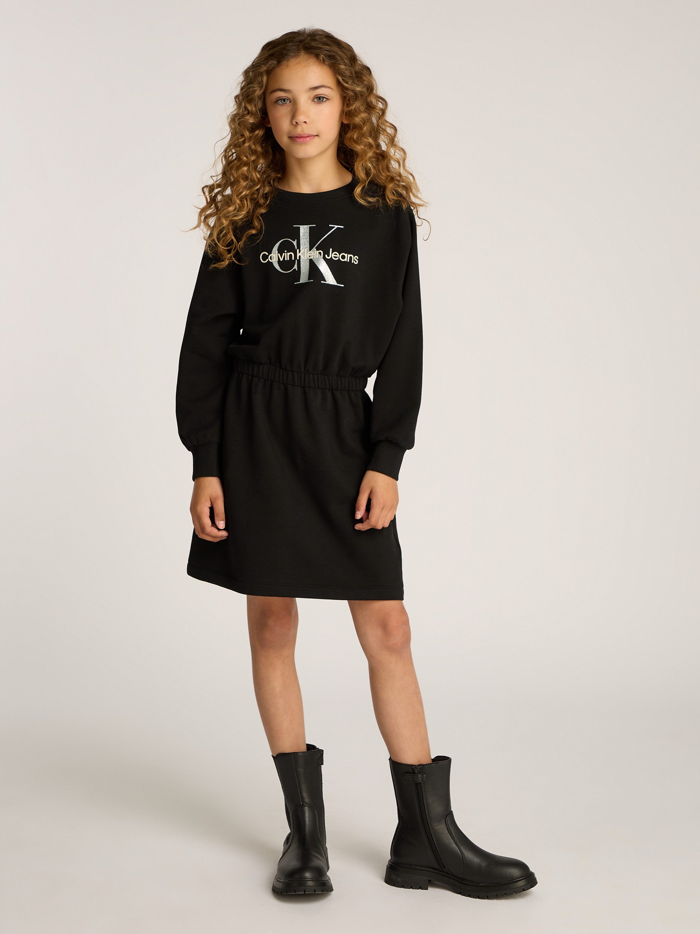 Calvin Klein Sweatjurk GLITTER MONOLOGO HWK DRESS voor kinderen tot 16 jaar met logo-opdruk