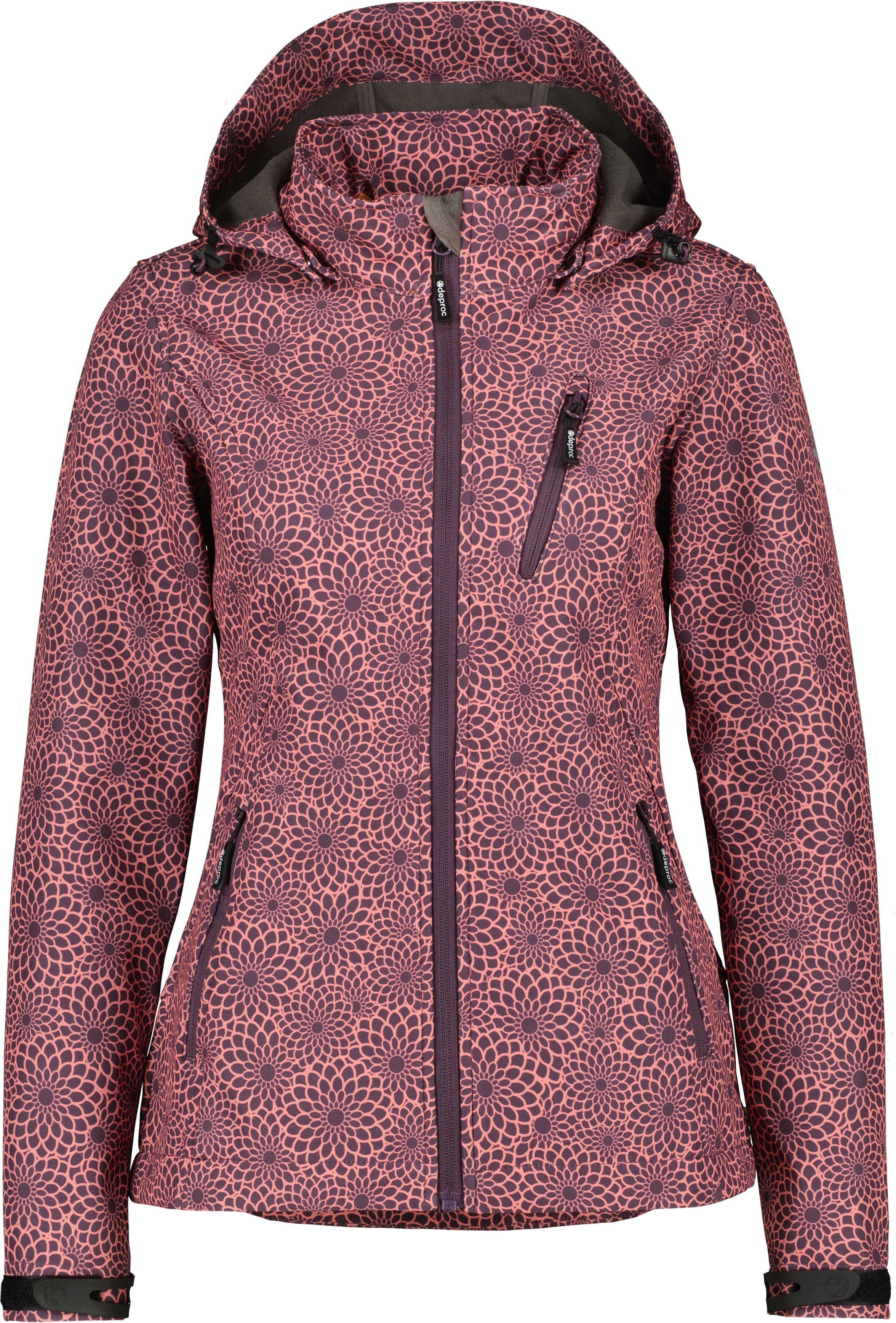 DEPROC Active Softshell-jack SHELBY PEAK DC licht softshell-jack met all-over-print en afneembare capuchon