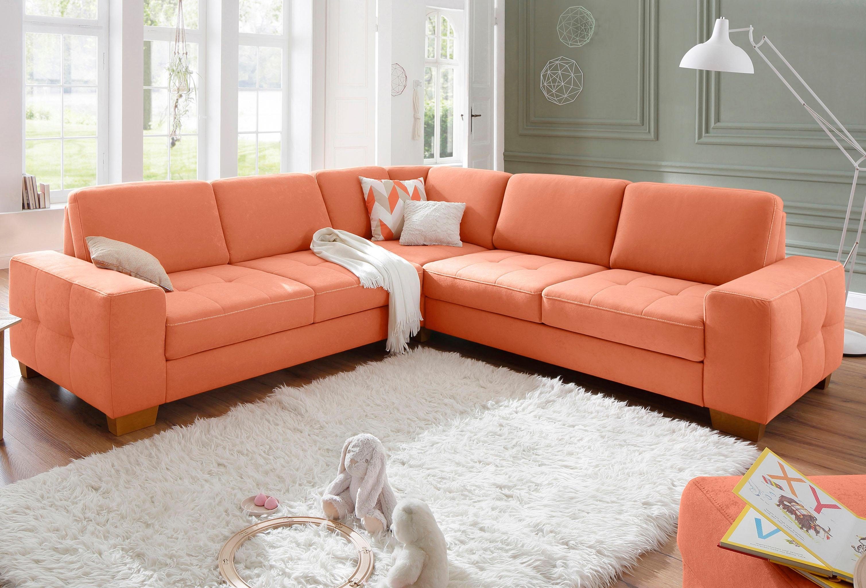 Home affaire Hoekbank Puccini L-vorm met binnenvering, zitdiepteverstelling, contrastnaad oranje, hoekbanken, Met slaapfunctie, zonder lade