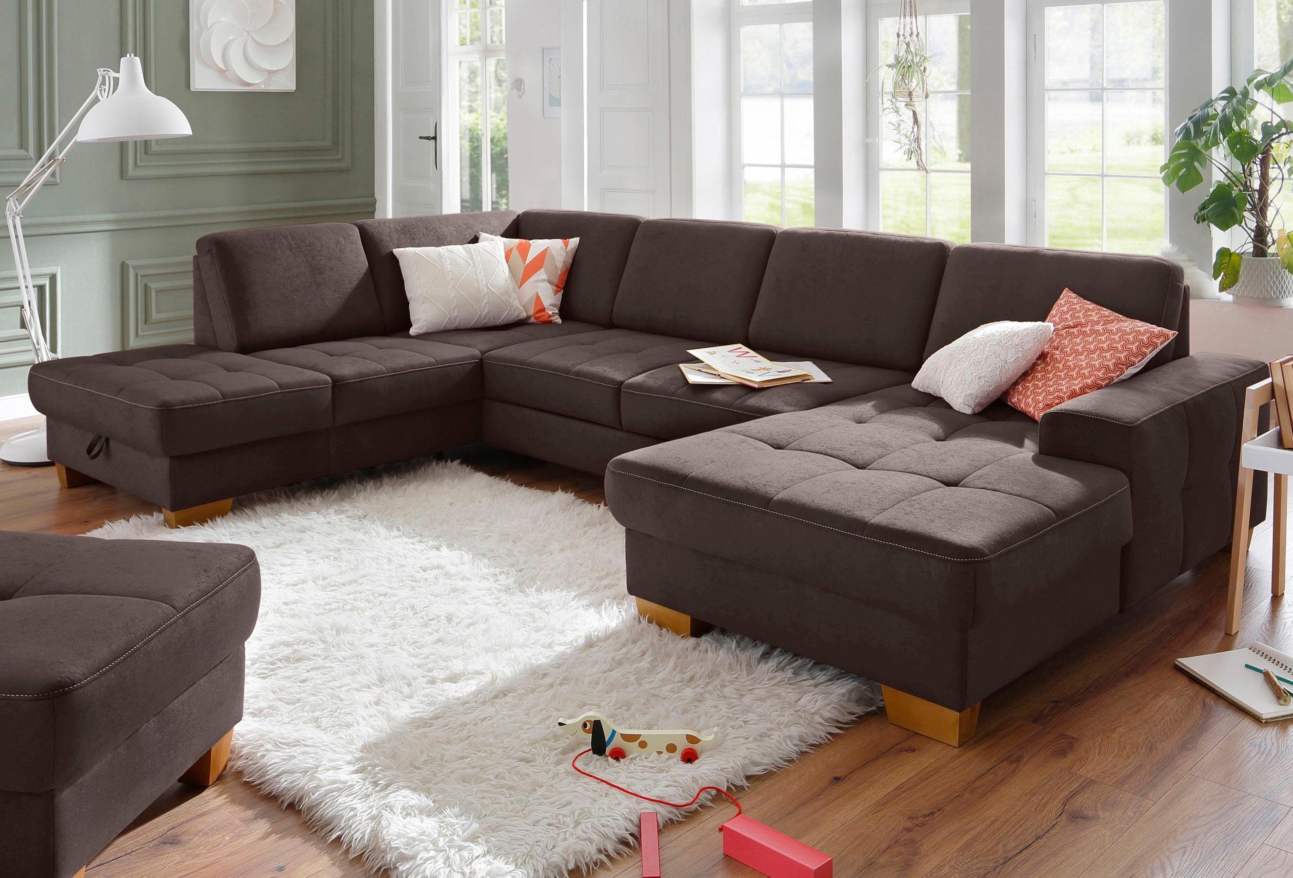 Home affaire Zithoek Puccini U-vorm met binnenvering, zitdiepteverstelling, contrastnaad bruin, zithoeken, Ottomane links, Met slaapfunctie-zonder