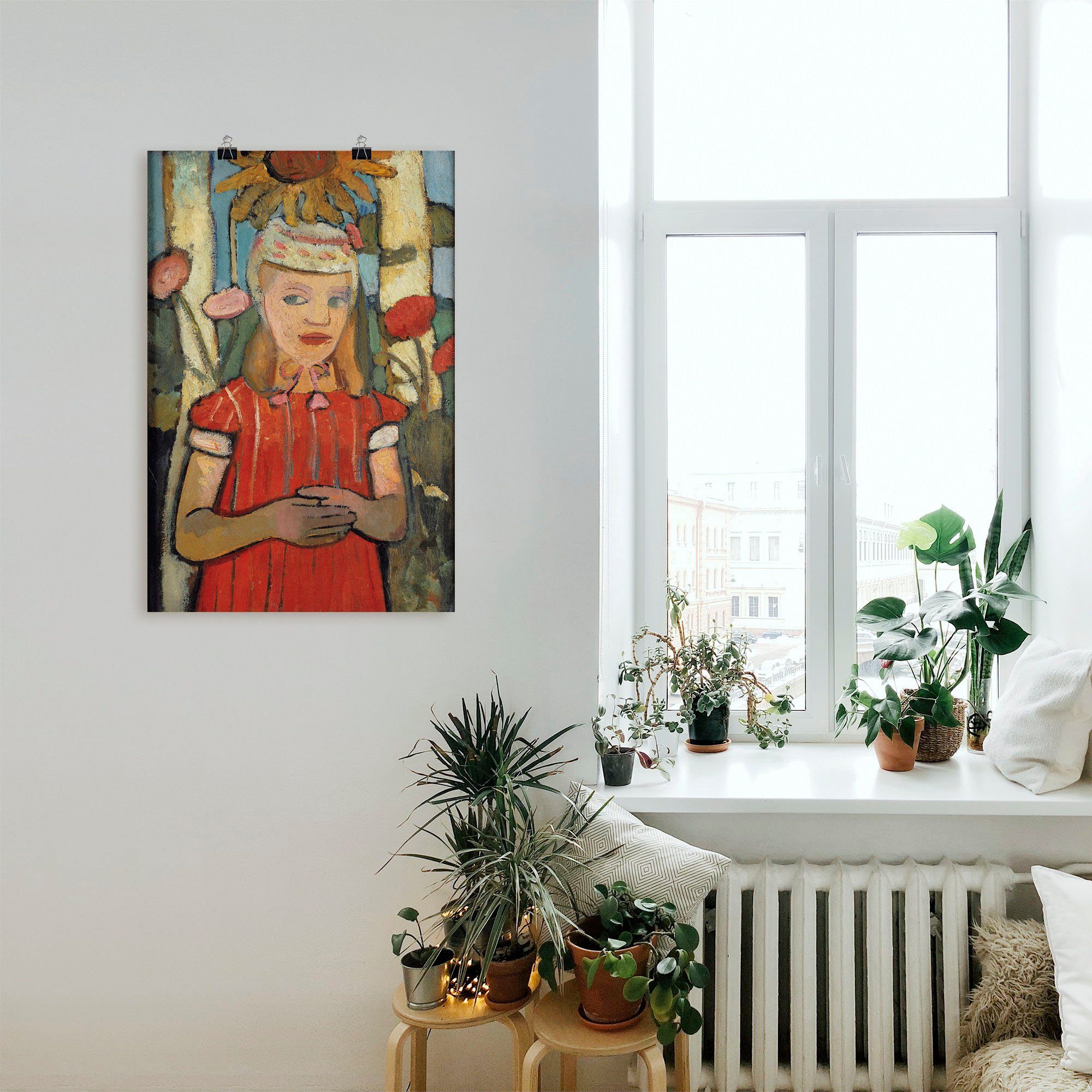 Artland Artprint Meisje in rode jurk voor zonnebloem. als artprint van aluminium, artprint op linnen, muursticker of poster in verschillende maten