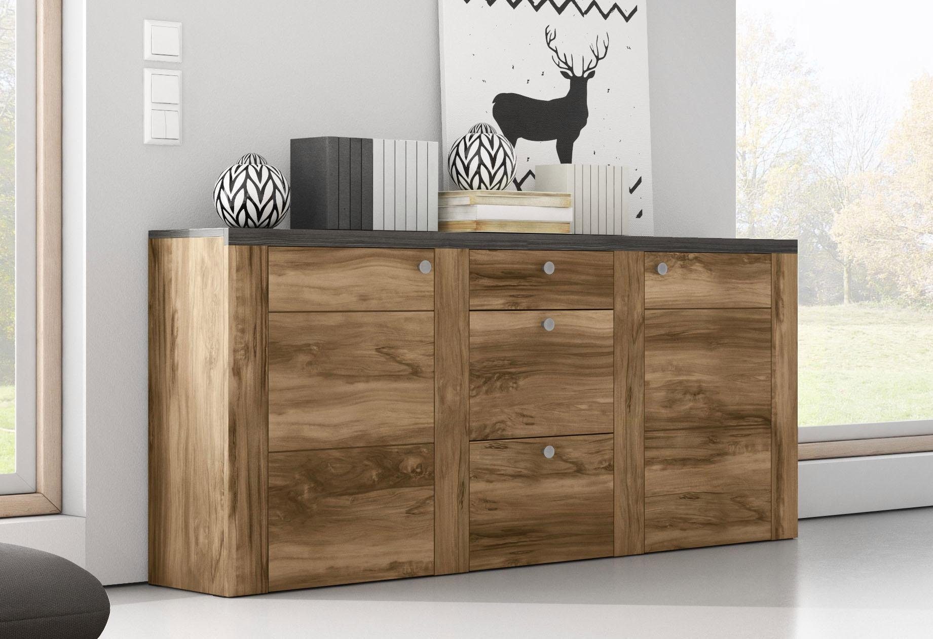 Home affaire Dressoir Larona, tijdloze commode met 2 deuren, 3 lades, deurkast, Hoogte 84 cm, veel opbergruimte, dressoir met decoratieve lijstlook