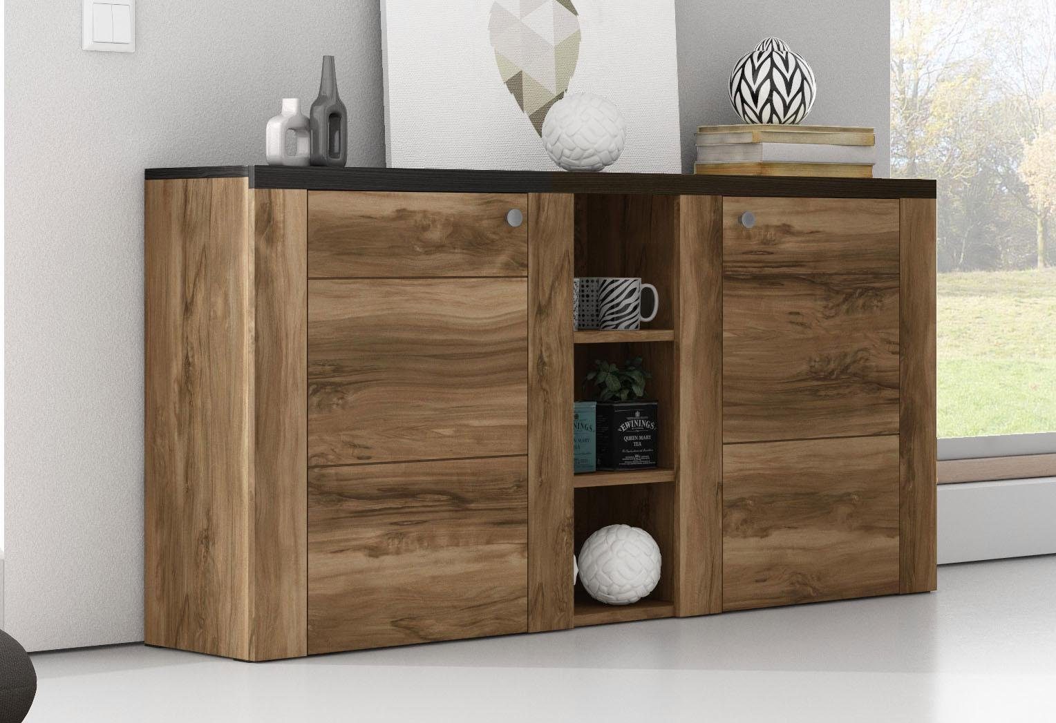 Home affaire Dressoir Larona, tijdloze commode met 2 deuren, deurkast, breedte 155 cm, Hoogte 84 cm, veel opbergruimte, dressoir met decoratieve lijstlook