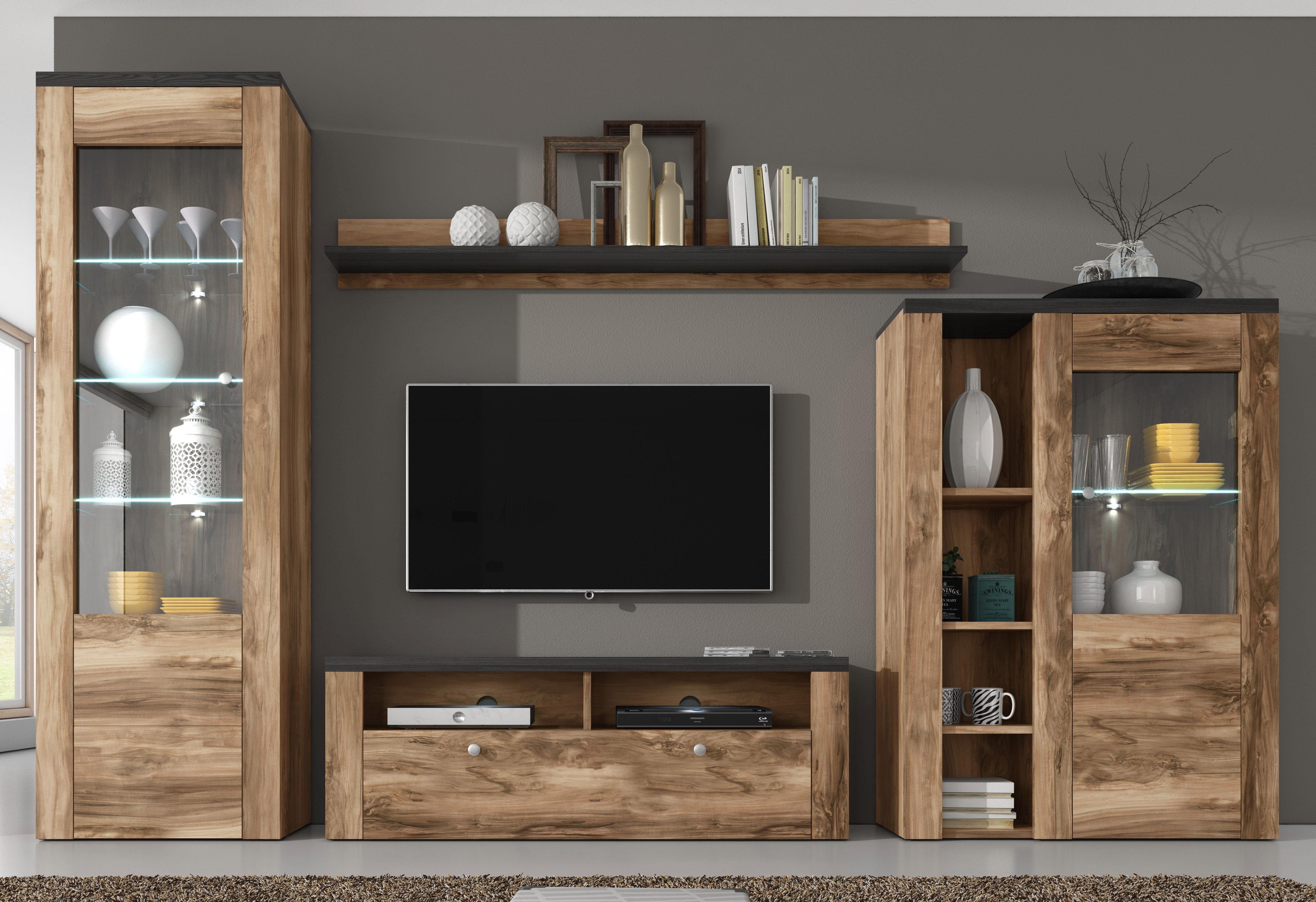 Home affaire Wandmeubel Larona, aanbouwwand, set van 4 delen bestaande uit 1 tv-board, 1 highboard, 1 vitrine, 1 wandplank (set, 4 stuks)