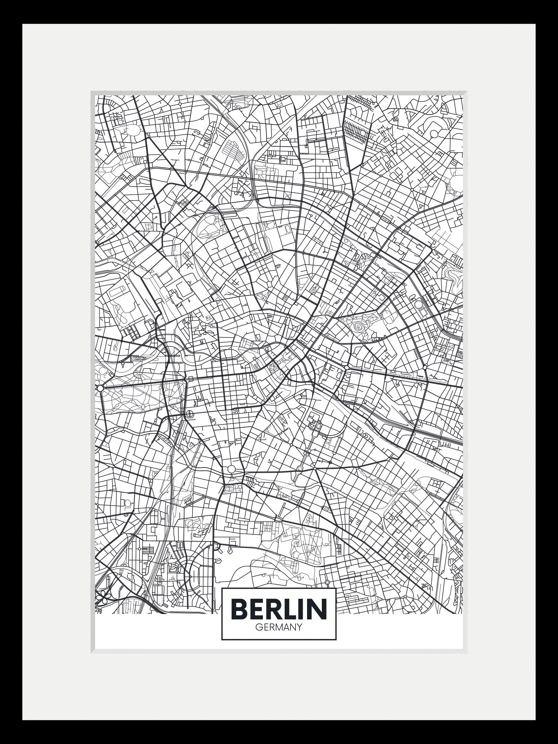 queence Wanddecoratie Berlijn stadskaart HD premium posterdruk incl. houten lijst (1 stuk)
