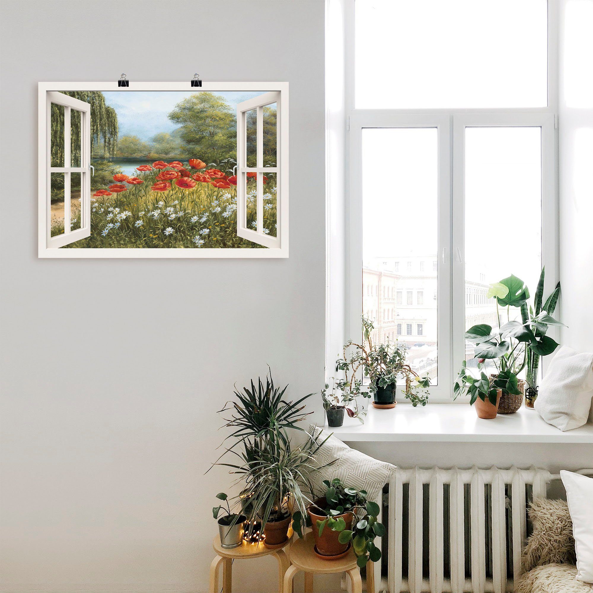 Artland Artprint Blik uit het venster klaproosweide als artprint op linnen, poster in verschillende formaten maten