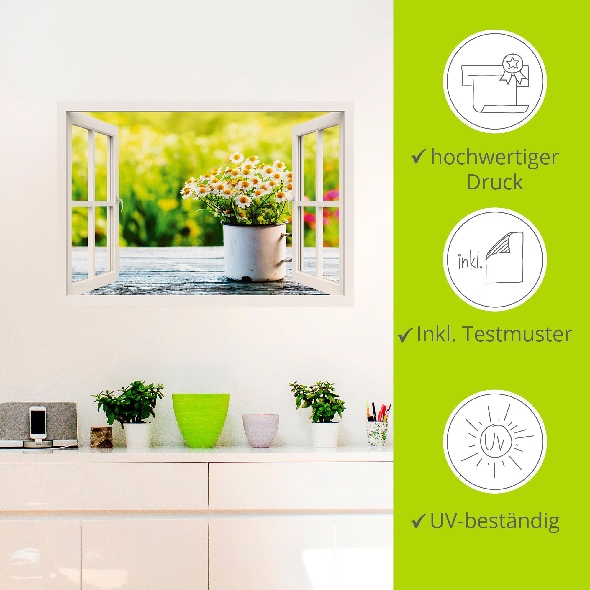 Artland Artprint Blik uit het venster tuin met madeliefje als artprint van aluminium, artprint op linnen, muursticker, verschillende maten