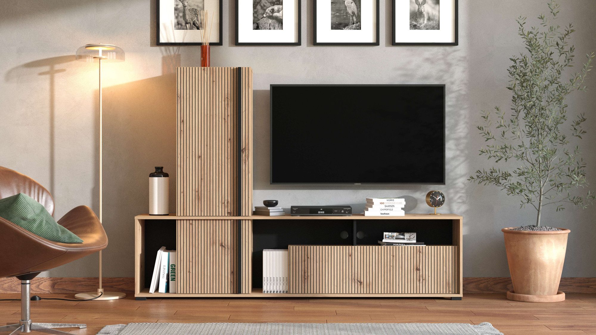 INOSIGN Wandmeubel Chania, 195 cm, incl. TV-meubel en Highboard Trendkleuren, met decoratieve zwarte strepen, in artisan eiken (complete set)