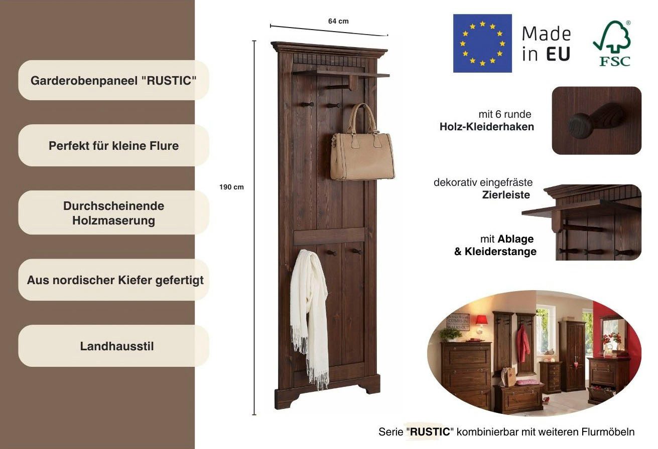 Home affaire Kapstokpaneel Rustiek gemaakt van massief, fsc-gecertificeerd grenen, 64 cm breed