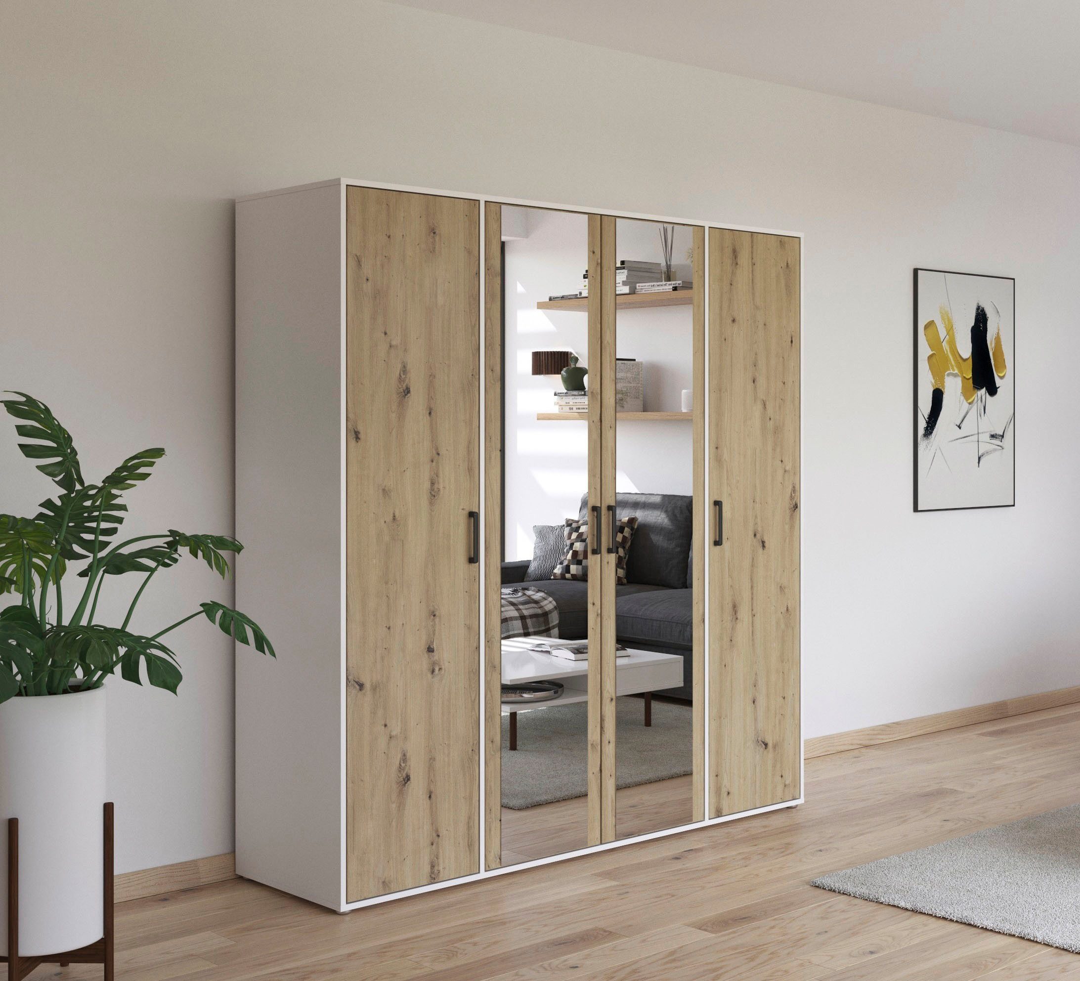 rauch Draaideurkast Voyager met moderne grepen in grijs-metallic en spiegel