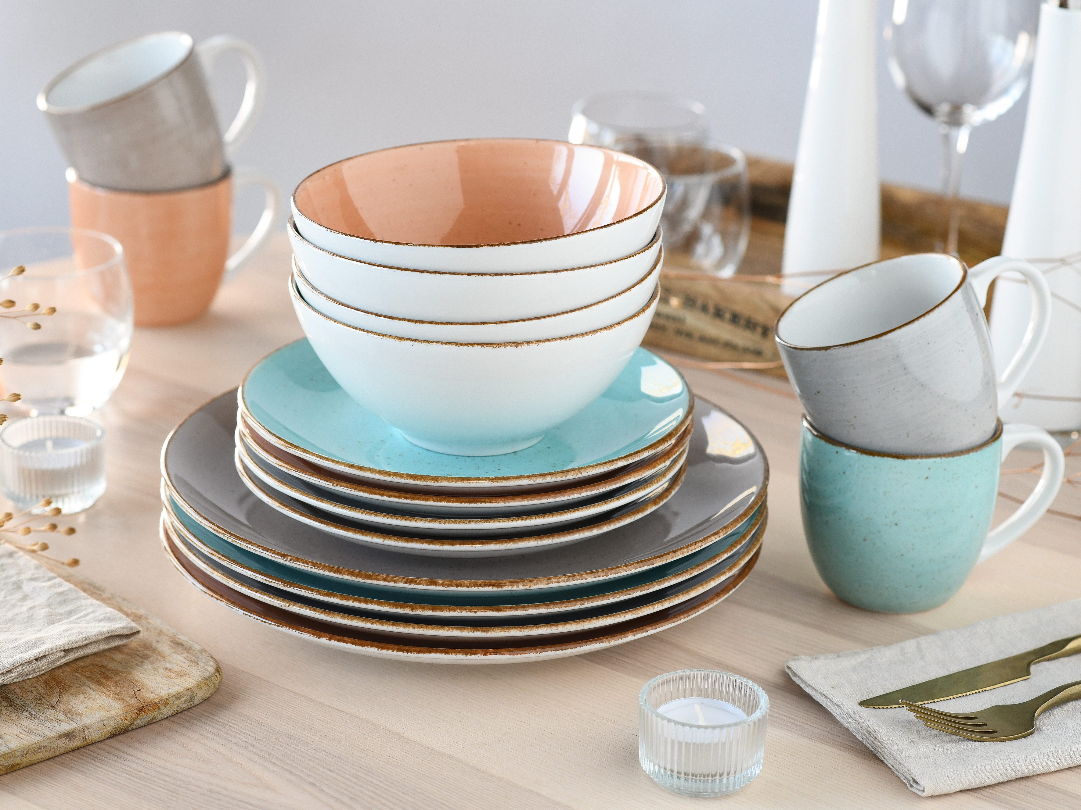 CreaTable Combi-servies Servies-set VINTAGE NATURE Servies, met de hand geschilderd, gespikkeld, 16 delen, voor 4 personen (set, 16-delig)