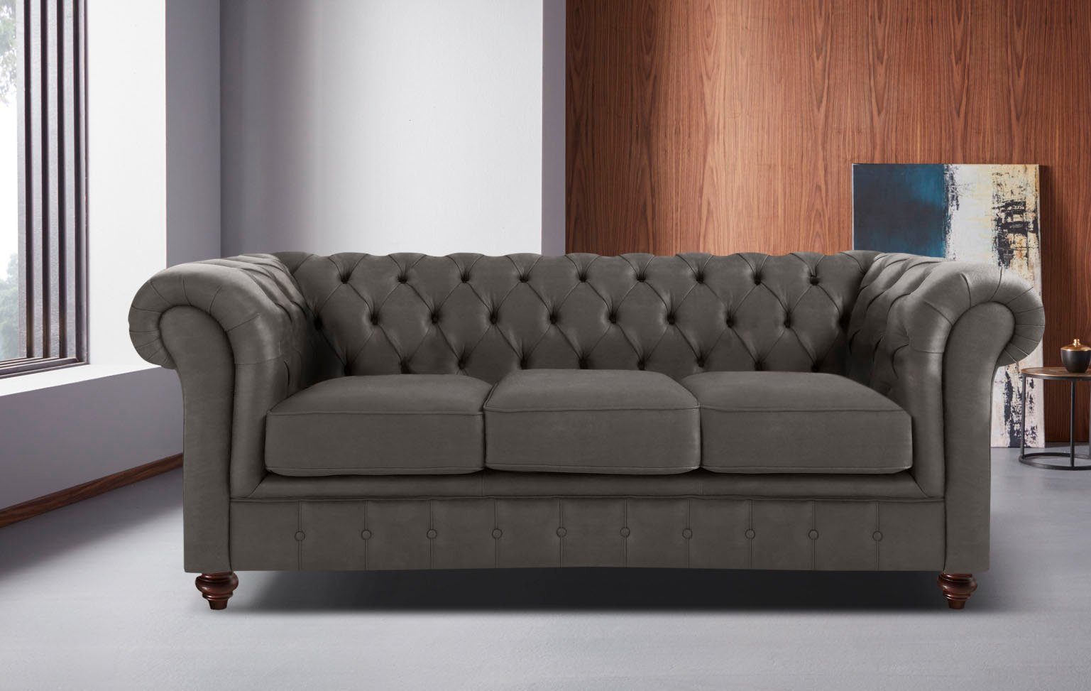 Home affaire Chesterfield-bank Chesterfield 3-zits B/D/H: 198/89/74 cm met hoogwaardige knoopdetails, ook in leer