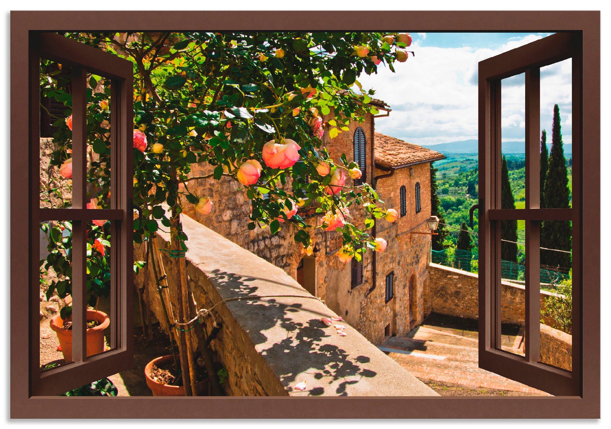 Artland Artprint Blik uit het venster rozen op balkon Toscane in vele afmetingen & productsoorten - artprint van aluminium / artprint voor buiten, artprint op linnen, poster, muurs