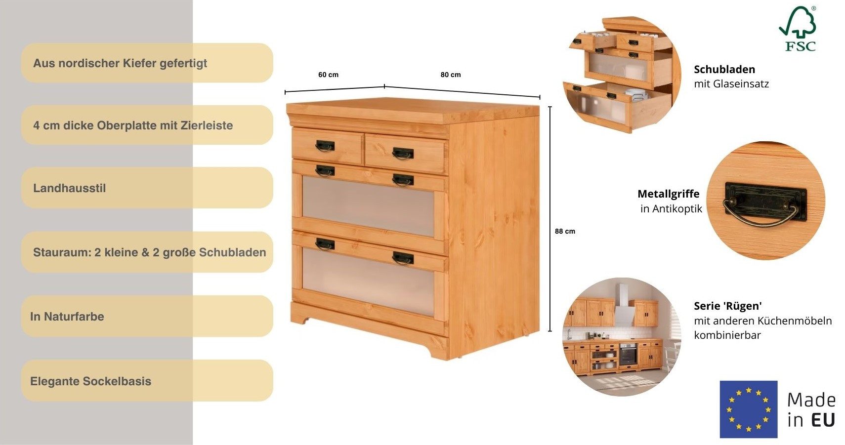 Home affaire Onderkast Rügen Breedte 80 cm, massief grenen, lades met glas-inzet