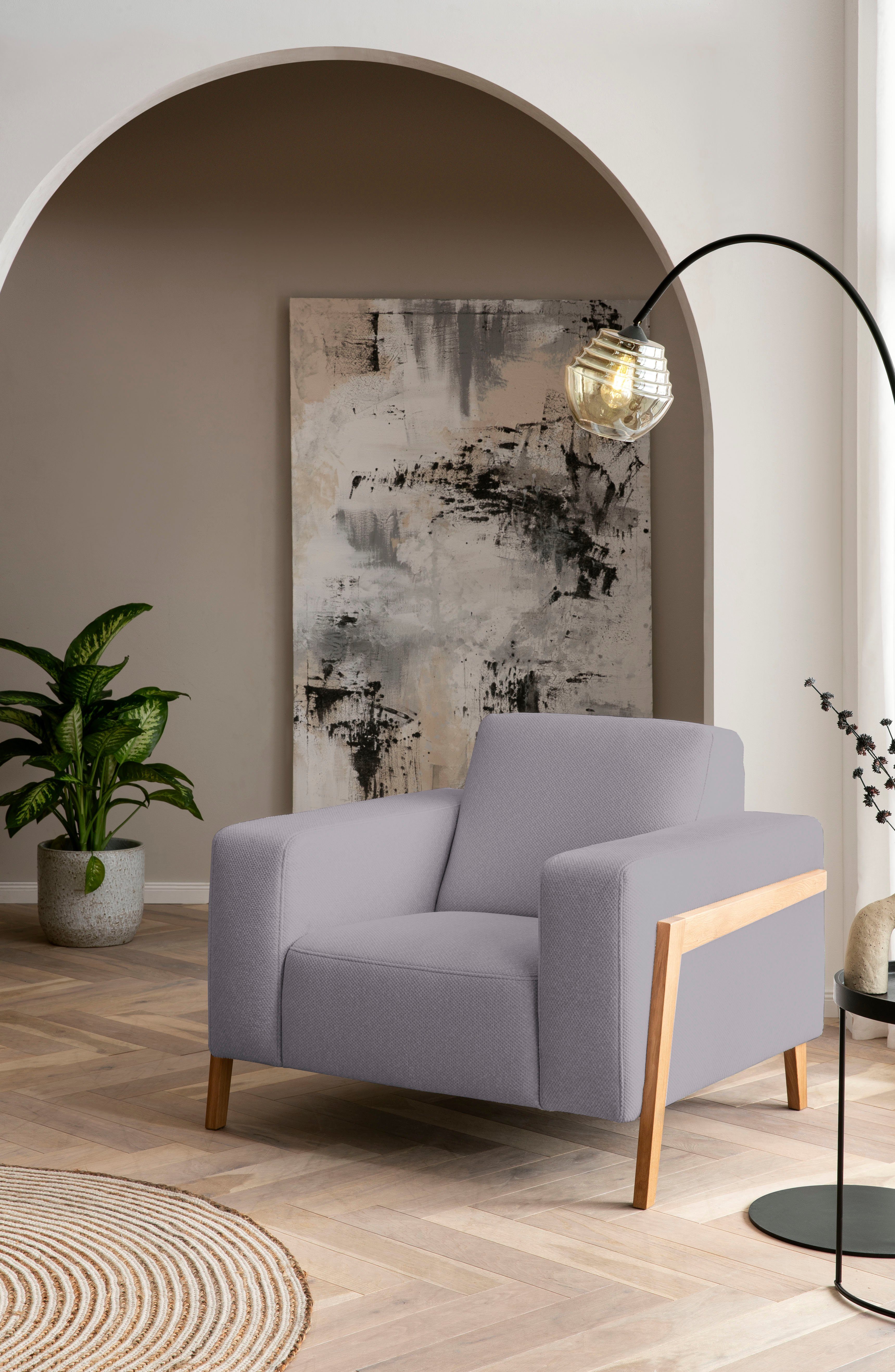 exxpo - sofa fashion Fauteuil Starr, loungestoel, Scandic ontwerp met zichtbaar hout aan de armleuning in scandinavisch design, met massief houten poten, vrij plaatsbaar in de ruimte