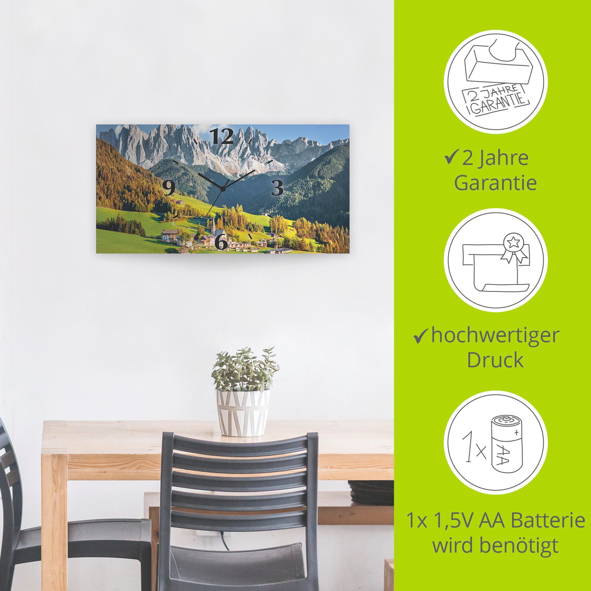 Artland Wandklok Alpen bergen Santa Maddalena 3d-look geschulpt, met kwarts- of radiografisch uurwerk, verschillende maten
