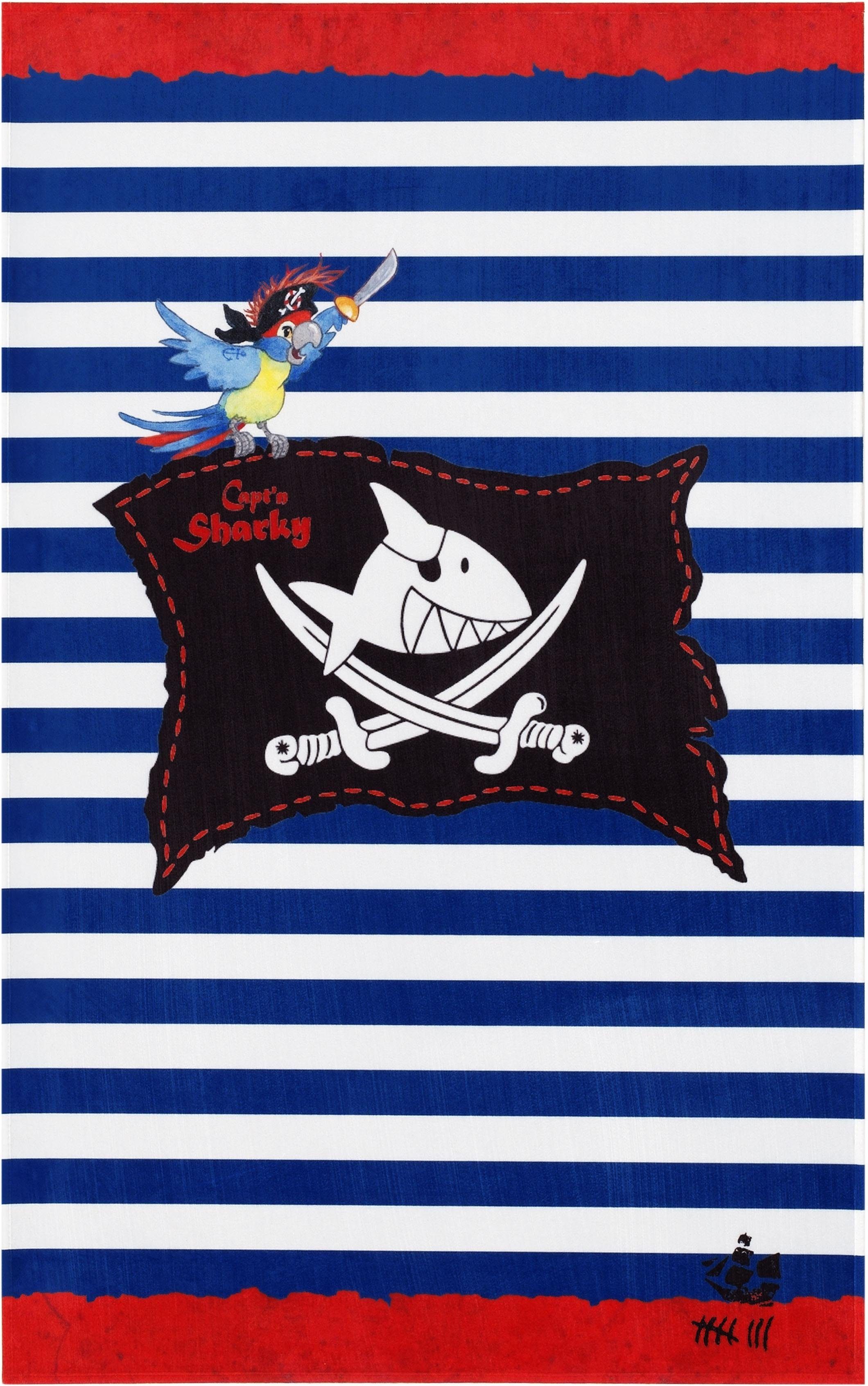 Capt`n Sharky Kindervloerkleed SH-310 gedessineerde stof, gestreept, motief piratenvlag, zachte microvezel