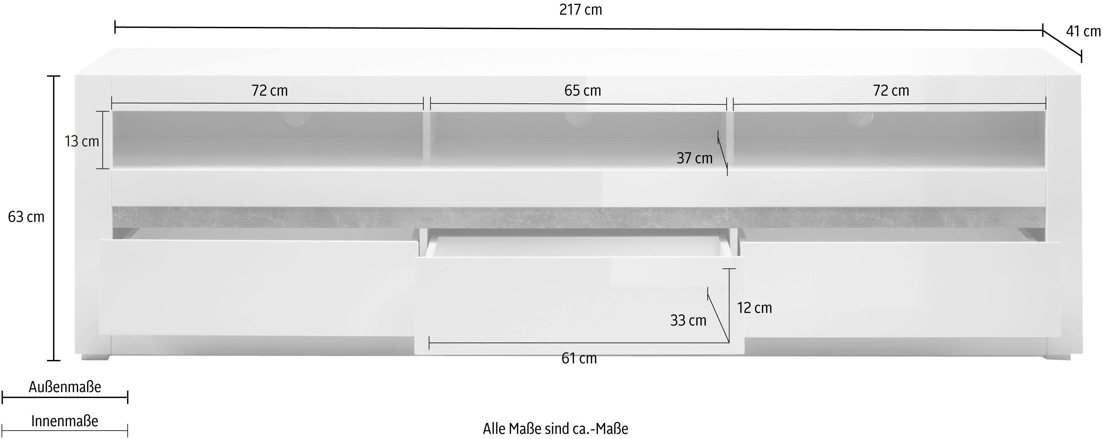 INOSIGN Tv-meubel Carat Breedte 217 cm, sierlijst 1x betonlook en 1x wit
