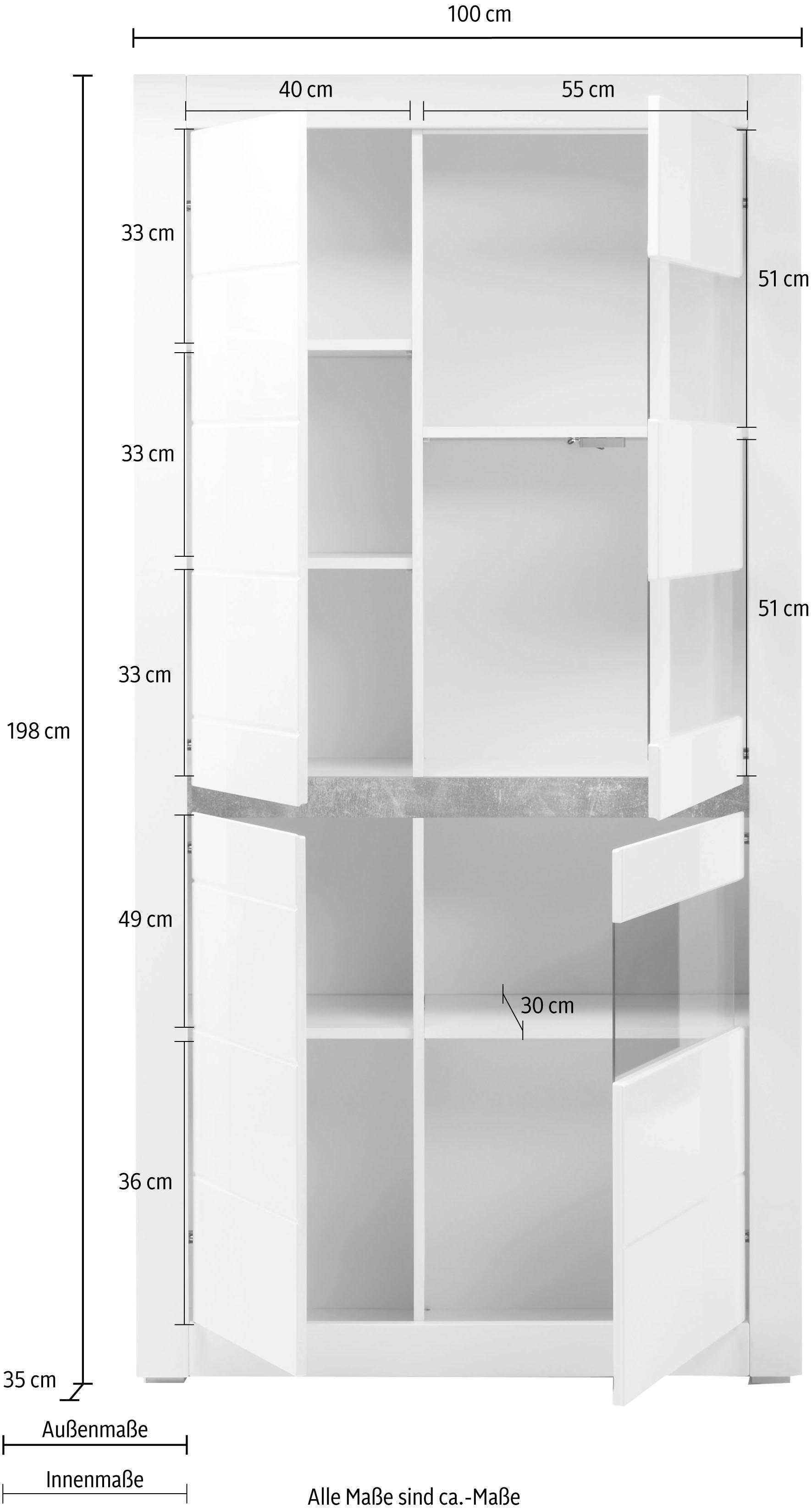 INOSIGN Vitrinekast Carat Hoogte 198 cm, twee latten geleverd, 1 x grijs, 1 x wit