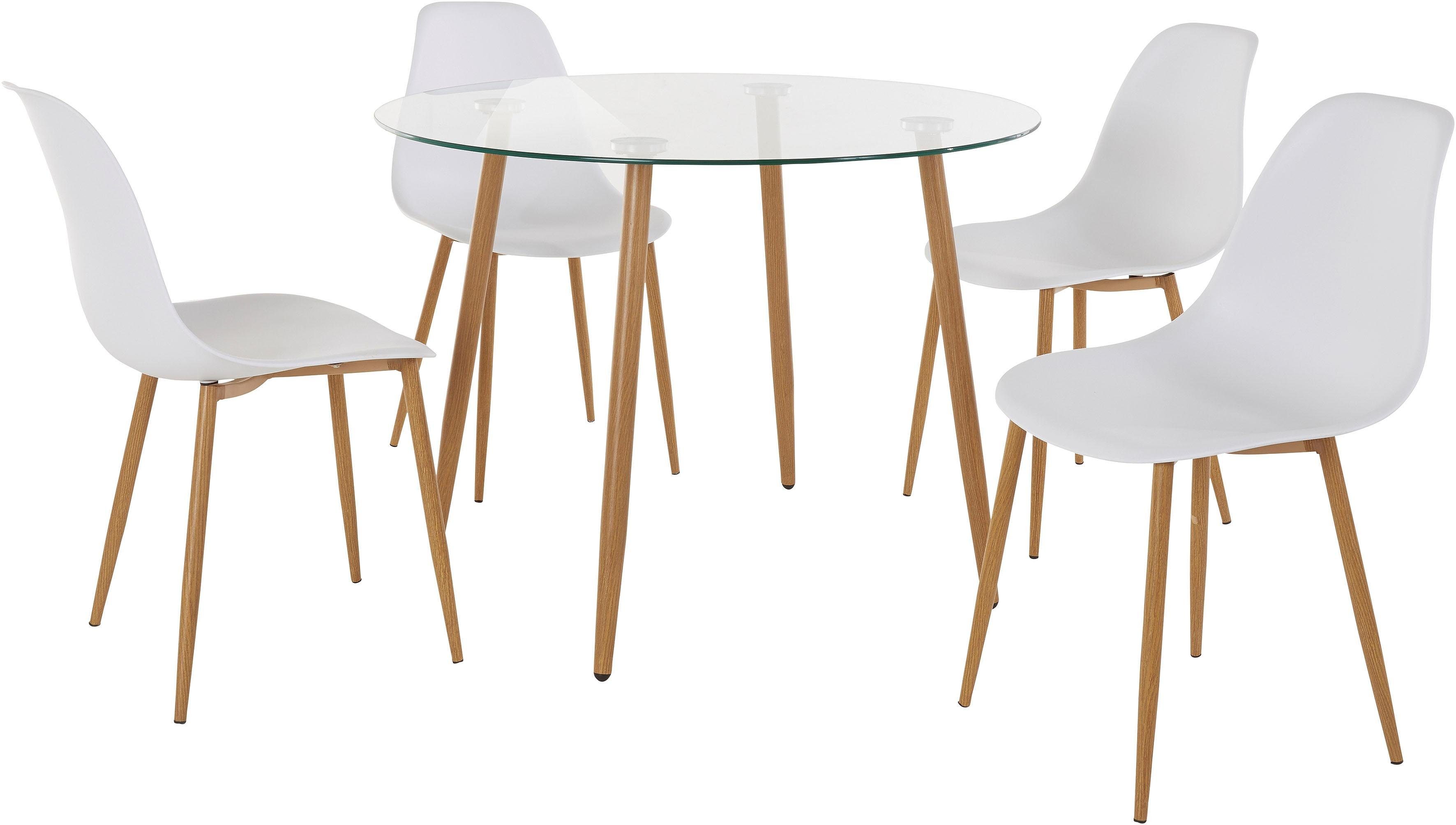 INOSIGN Eethoek MILLER Glazen tafel met 4 stoelen (kunststof kuipzitting) (set, 5-delig)