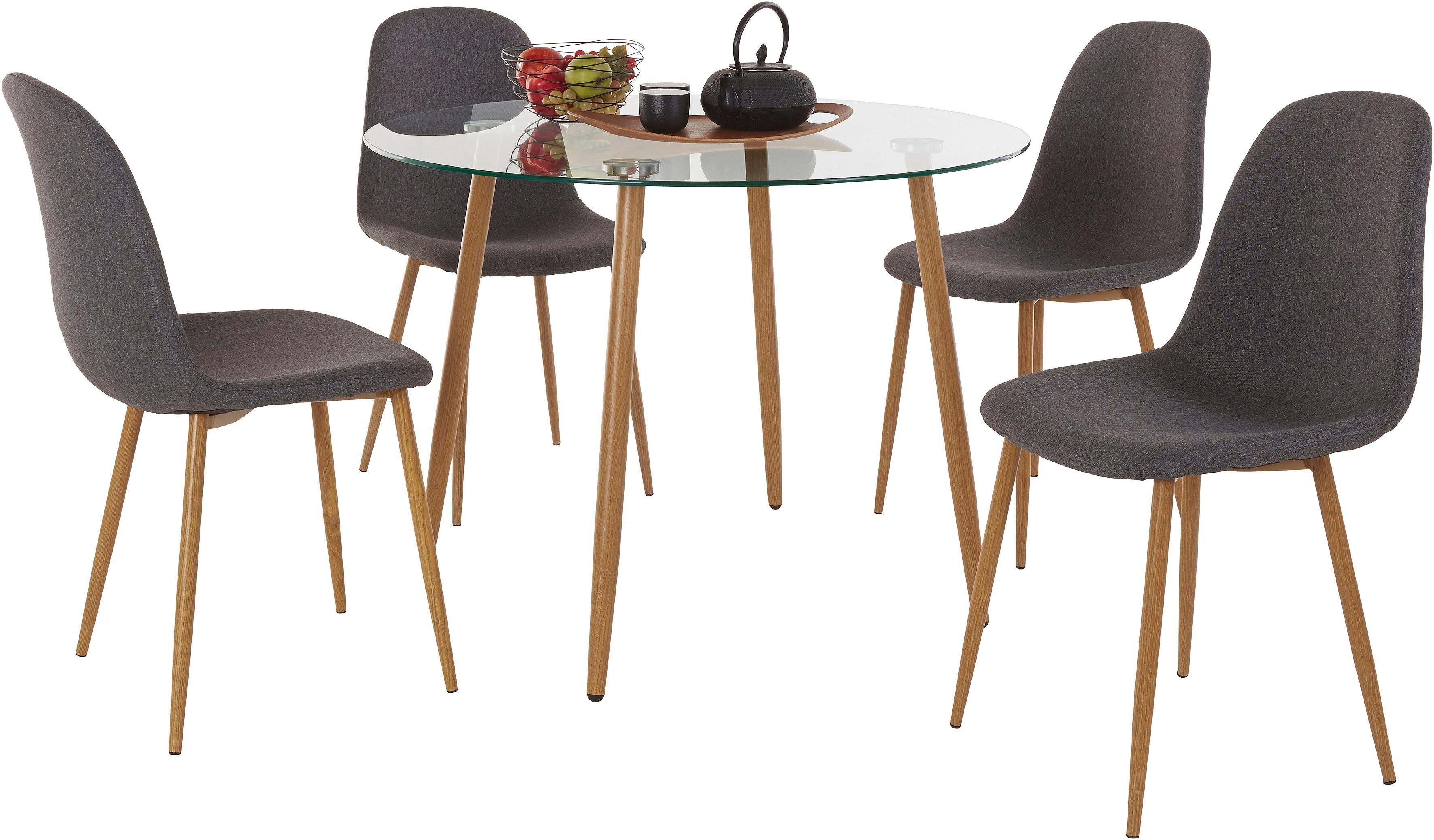 Eethoek, ronde glazen tafel met 4 stoelen (weefstof) in de online shop