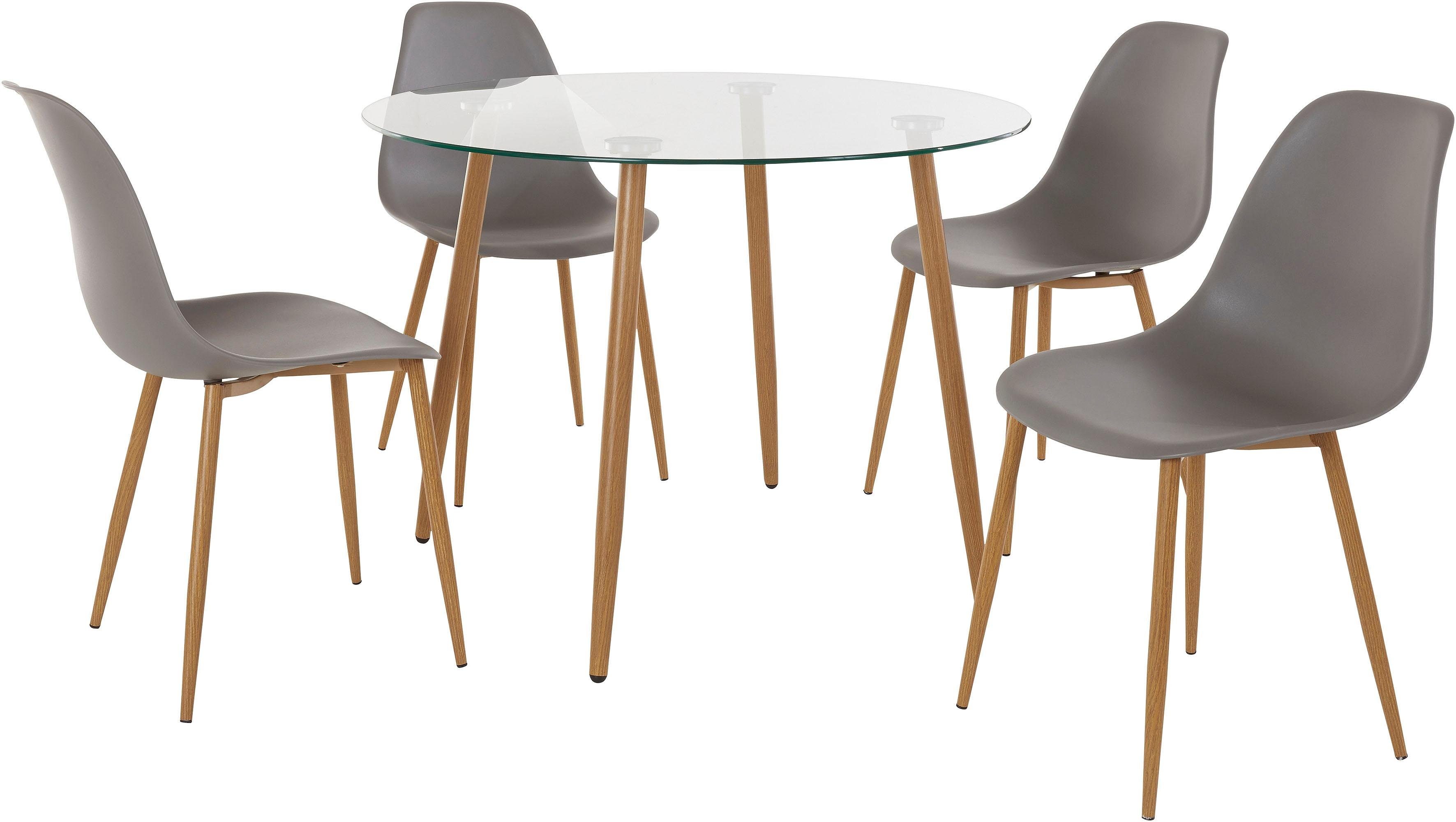 INOSIGN Eethoek MILLER Glazen tafel met 4 stoelen (kunststof kuipzitting) (set, 5-delig)